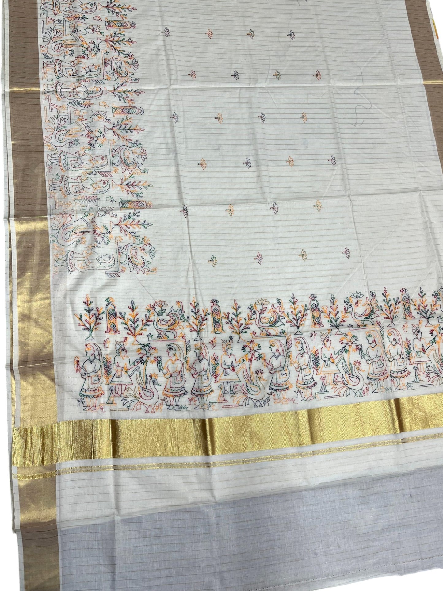 Southloom Cotton Kerala Kasavu Lines Saree with Kantha Embroidery Work on Body SL322