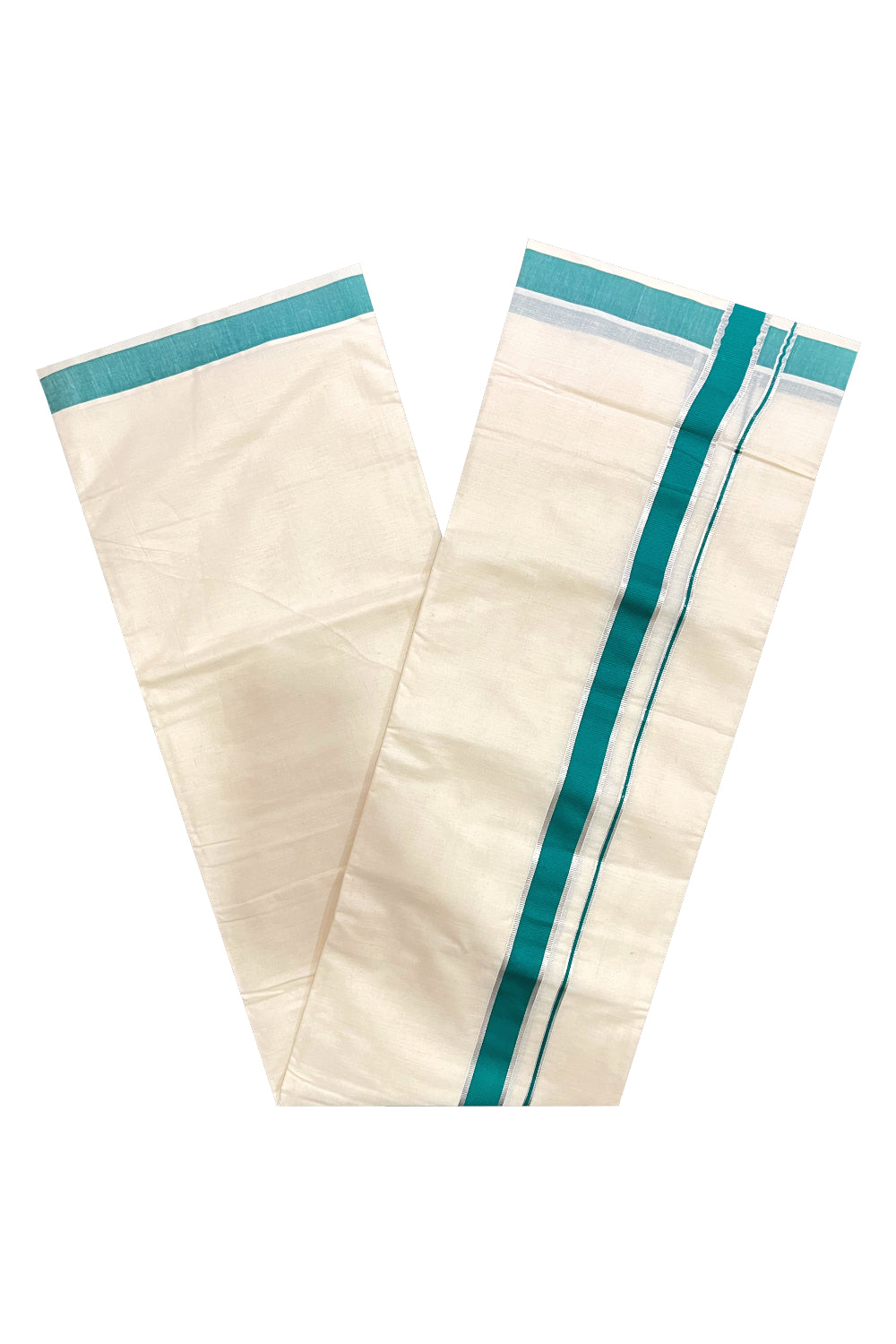 Pure Cotton Double Mundu with Silver Kasavu and Green Kara (South Indian Kerala Dhoti)