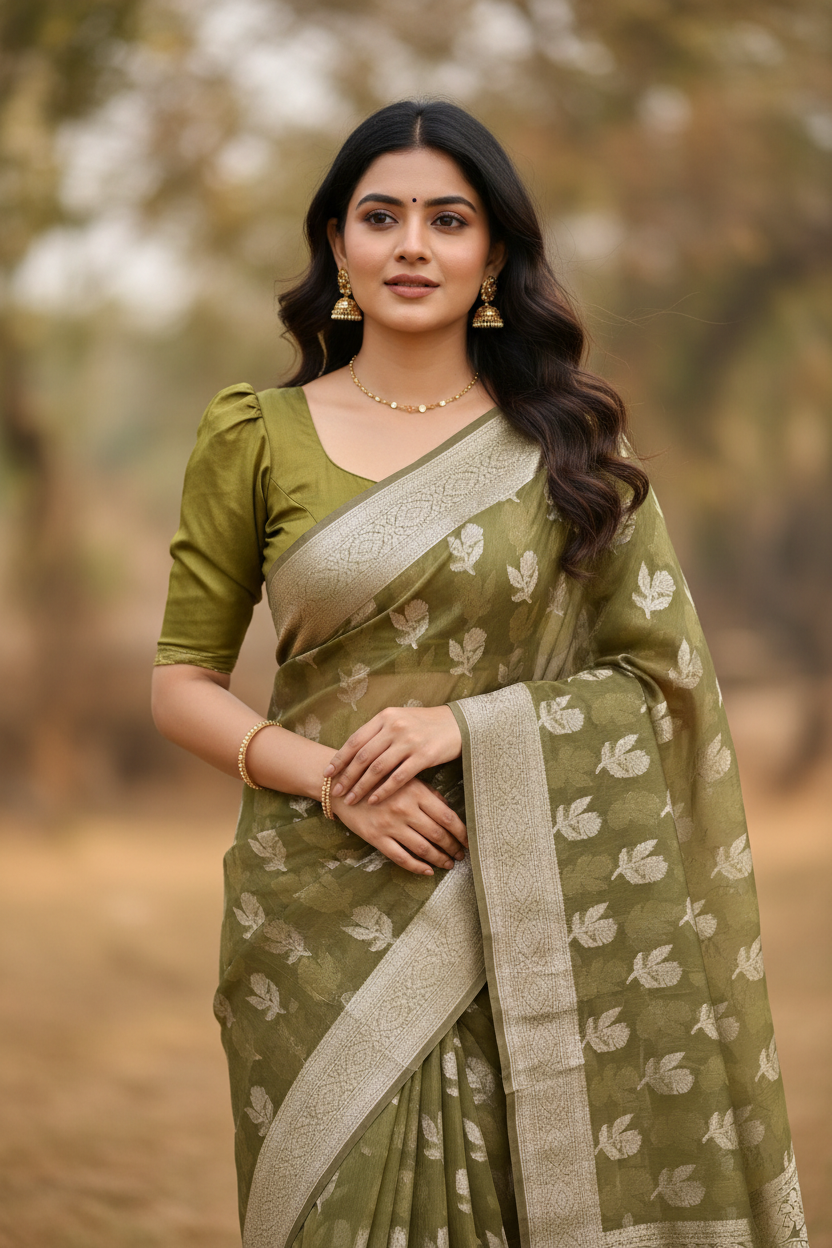 Southloom Cotton Banarasi Silk Saree with Woven Work on Body and Borders (Green)