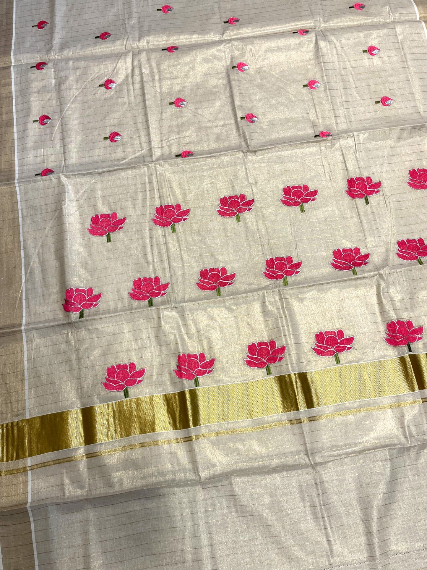 Southloom Tissue Kerala Kasavu Saree with Lotus Embroidery Design