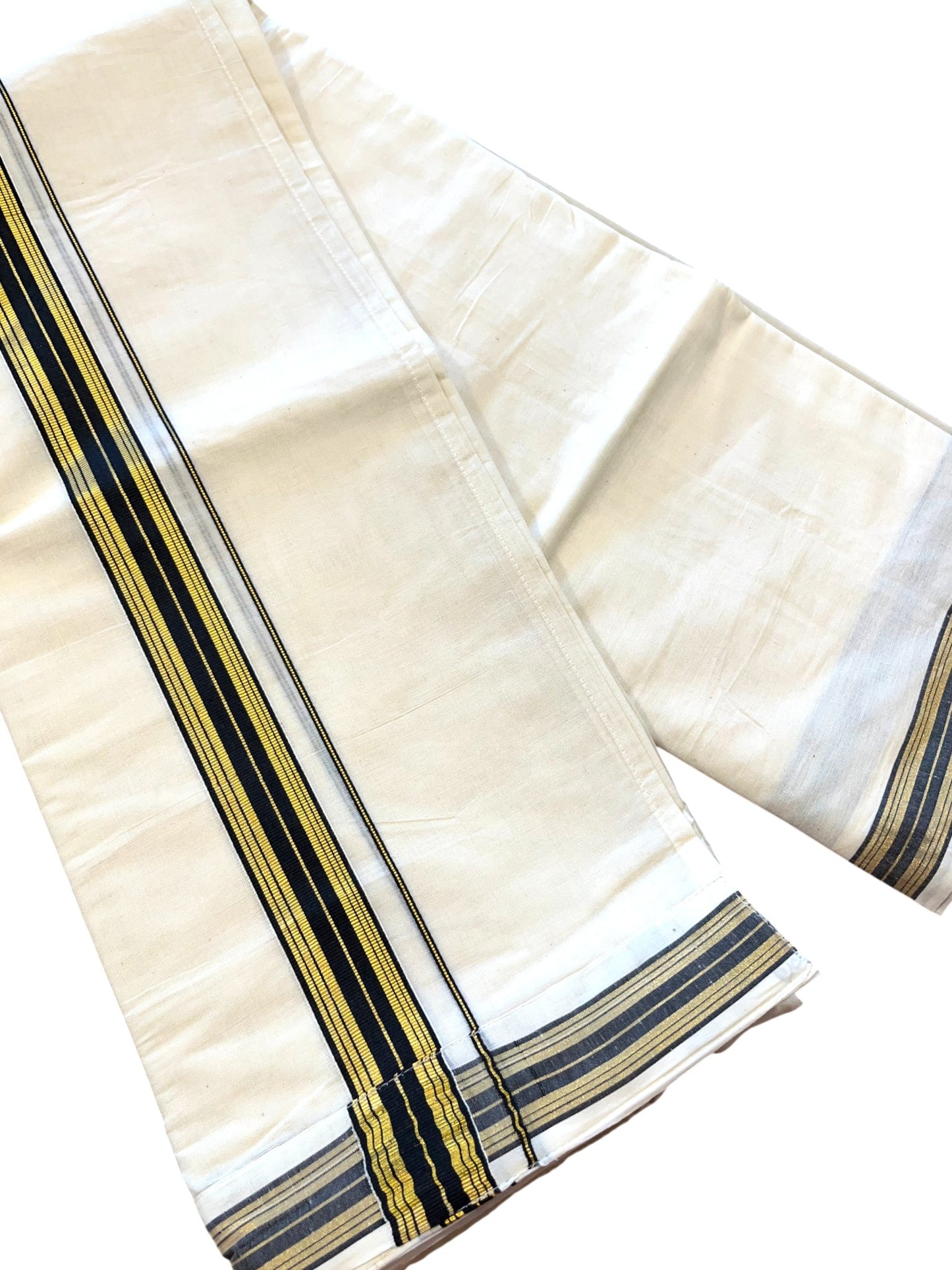 Southloom Off White Pure Cotton VELCRO Single Mundu with Gold Kasavu and Black Border (South Indian Kerala Dhoti)