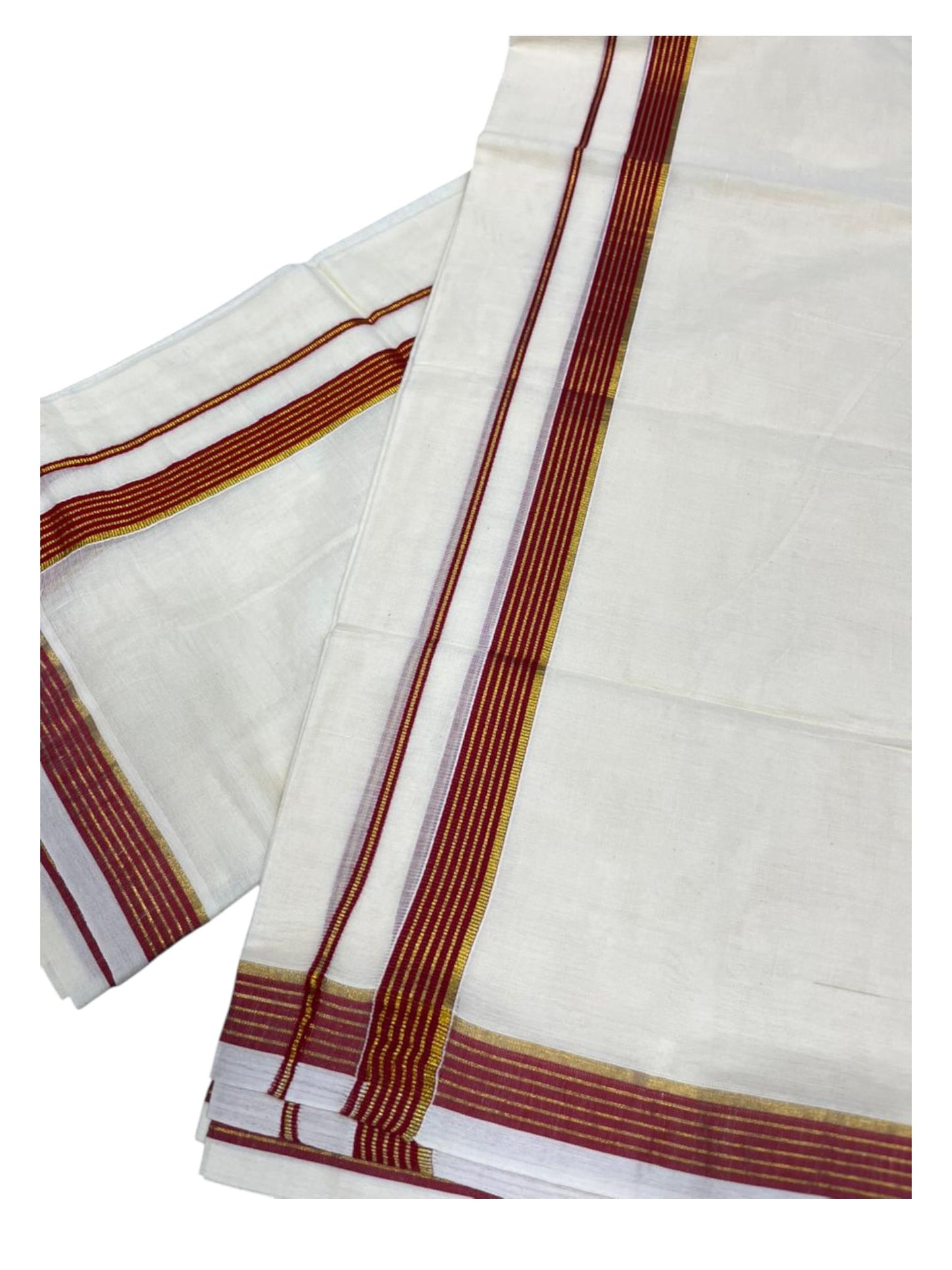Pure Cotton Kerala Single Set Mundu (Mundum Neriyathum) with Red Kasavu Border in 2.80 Mtrs