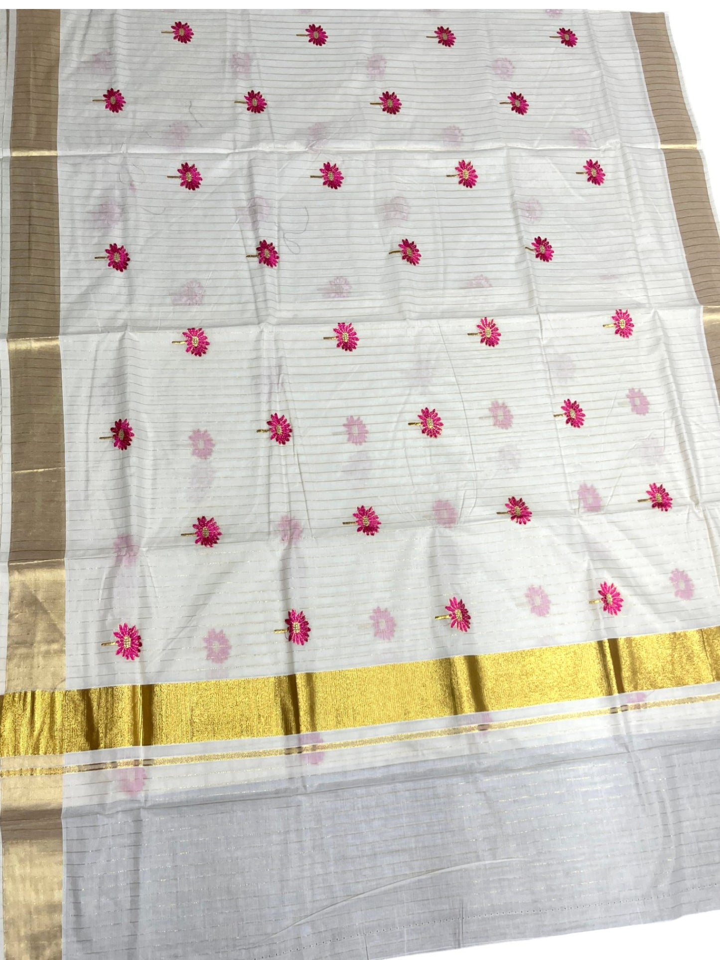 Southloom Cotton Kerala Kasavu Lines Saree with Floral Embroidery Design in Pink