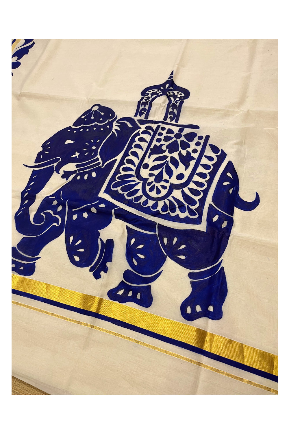 Southloom Premium Balaramapuram Handloom Cotton Saree with Hand Painted Rajasthani Style Elephants