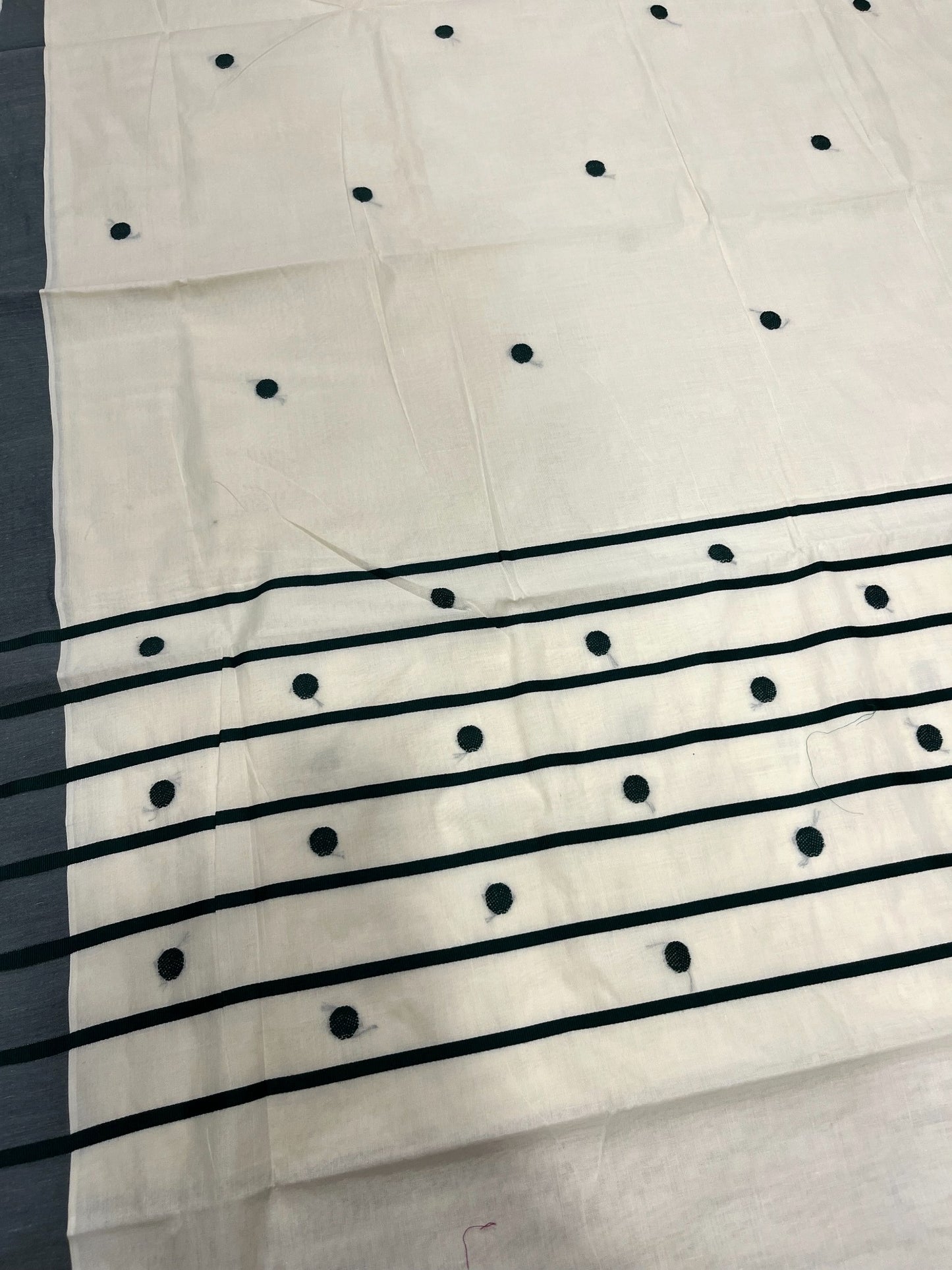 Southloom Kerala Pure Cotton Saree with Green Polka Embroidery Works on Body