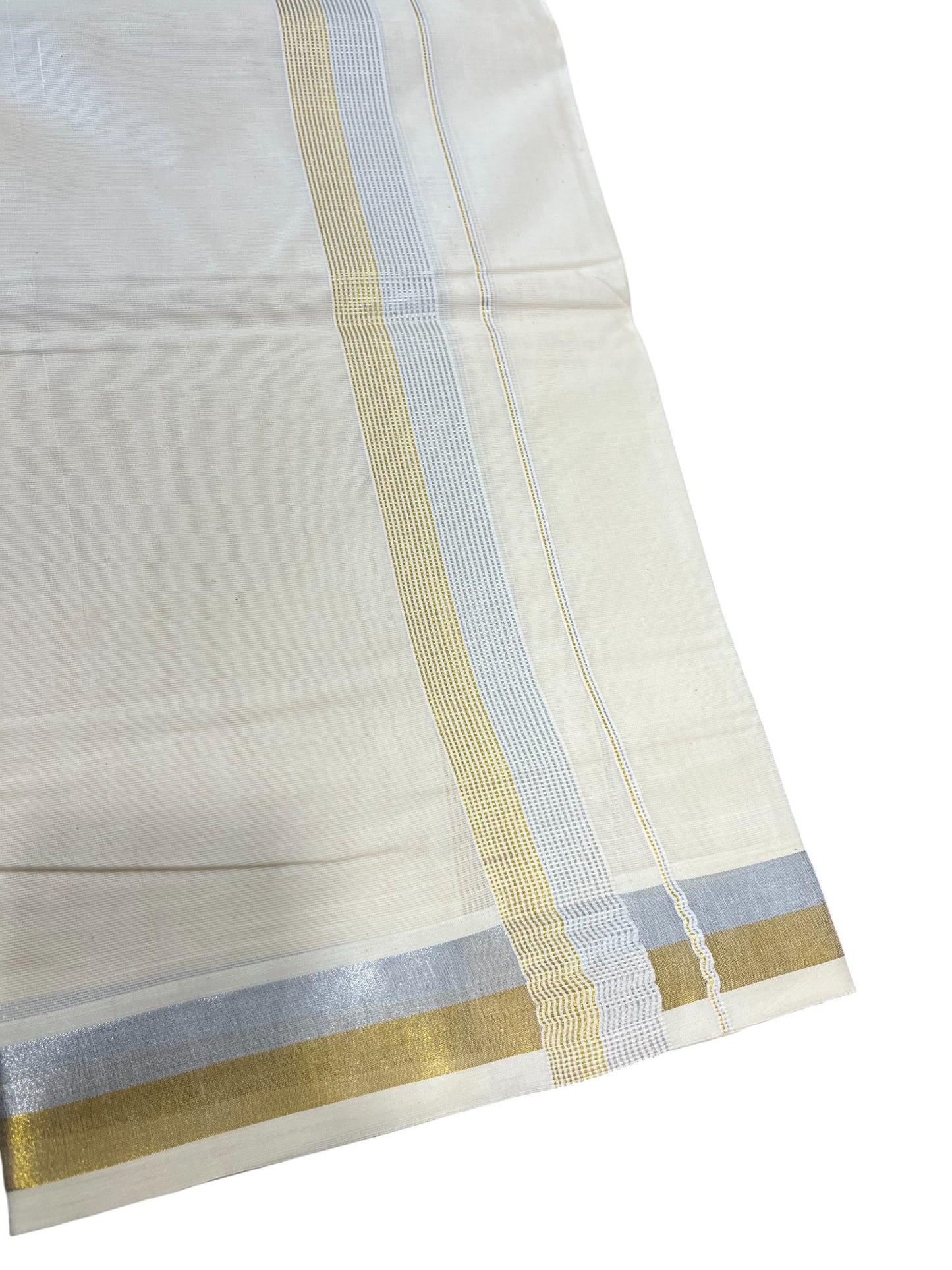 Southloom Kerala Pure Cotton Double Mundu with Gold & Silver Border (South Indian Dhoti)