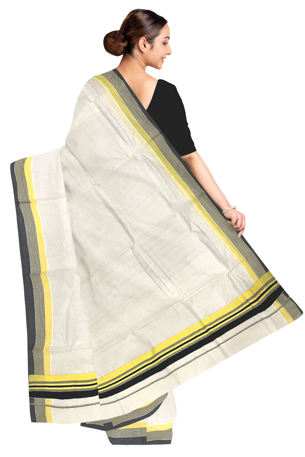 Pure Cotton Kerala Saree with Plain Black and Yellow Border