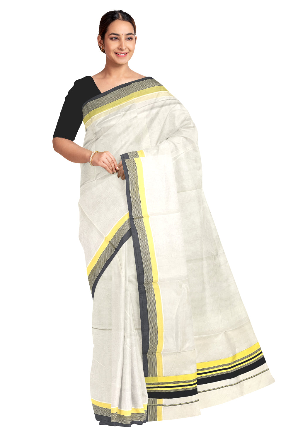 Pure Cotton Kerala Saree with Plain Black and Yellow Border