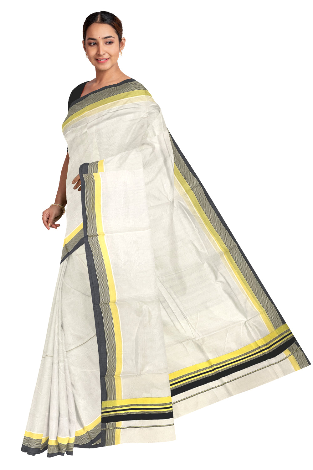 Pure Cotton Kerala Saree with Plain Black and Yellow Border