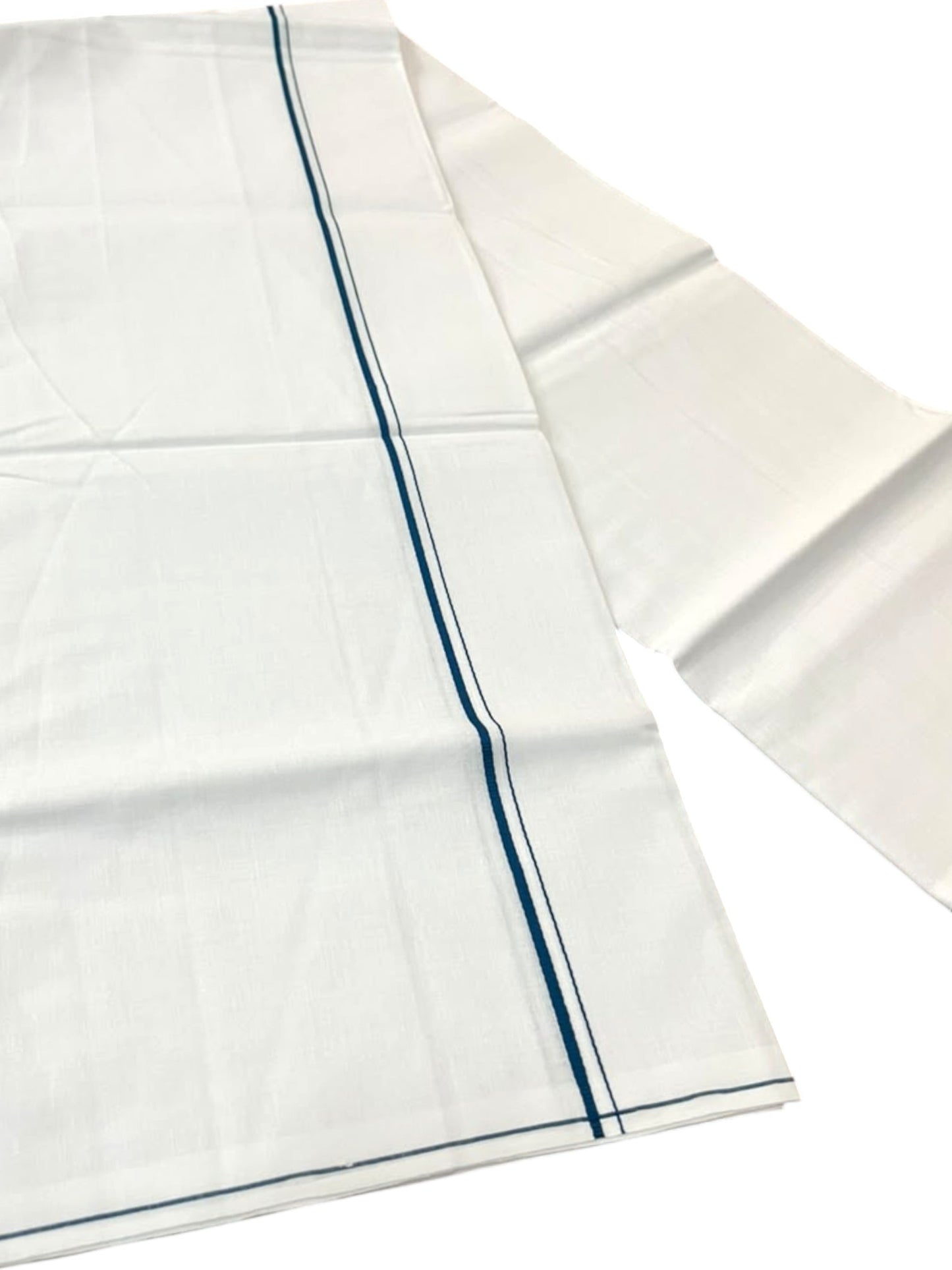 Southloom Pure White Cotton Single Mundu with Peacock Green Border (South Indian Kerala Dhoti)