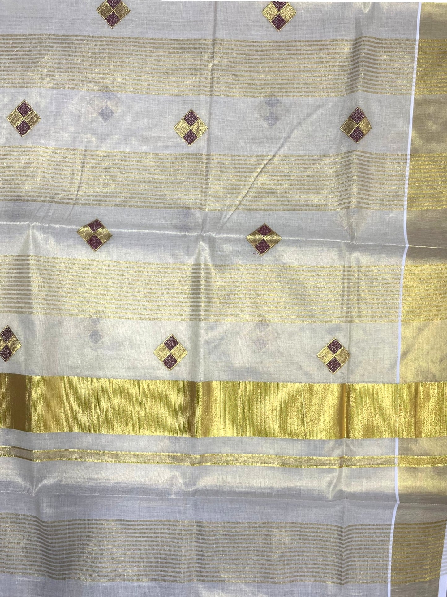 Southloom Kerala Tissue Kasavu Striped Saree with  Diagonal Woven Designs in Maroon And Gold Body Work