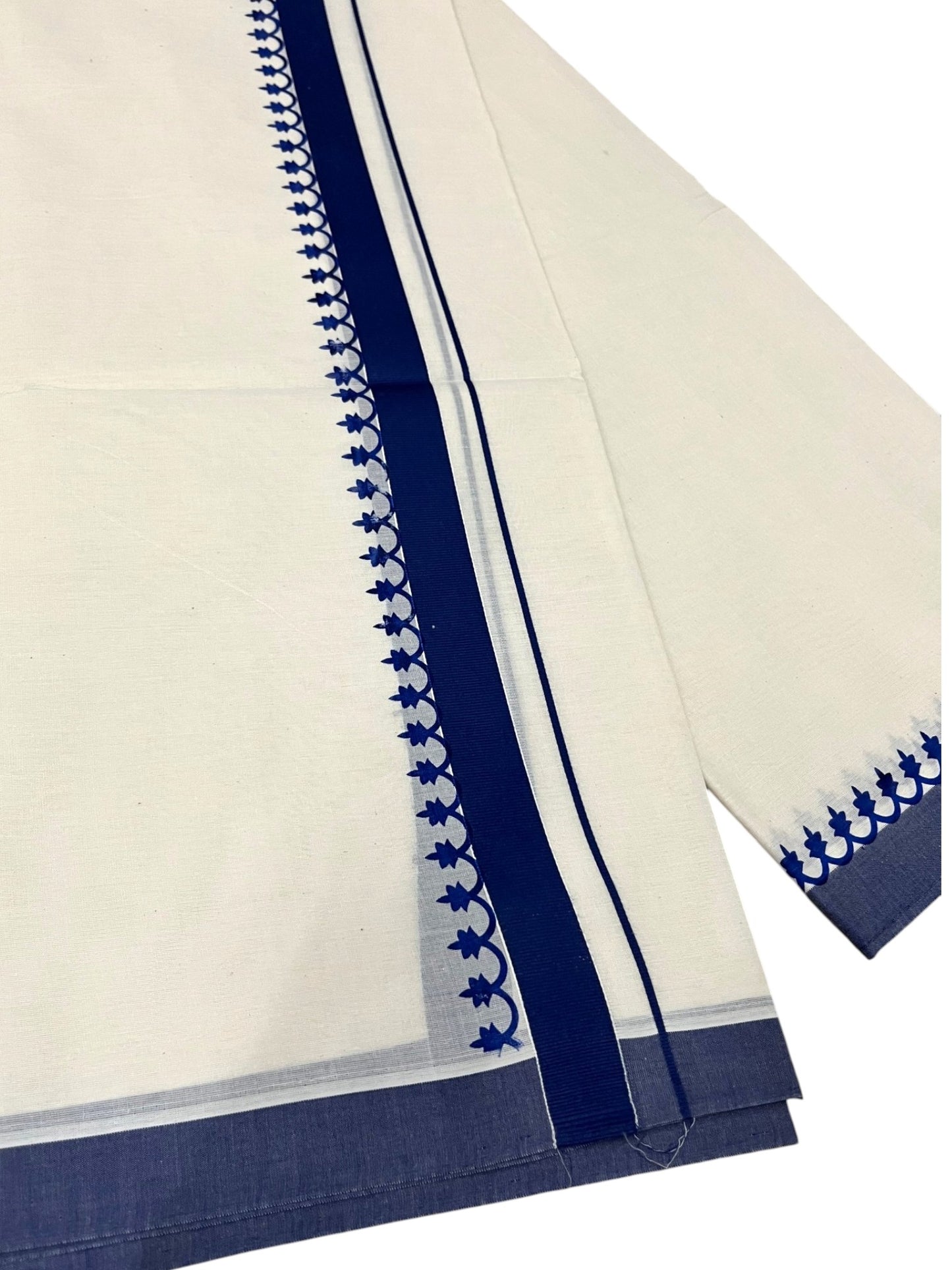 Southloom Kerala Cotton Blue Kara Printed Double Mundu (South Indian Kerala Dhoti) SL567
