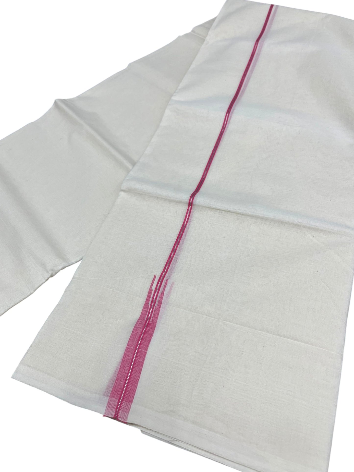 Kerala Pure Cotton Double Mundu with Silver And Pink Chutti Kara (South Indian Kerala Dhoti)