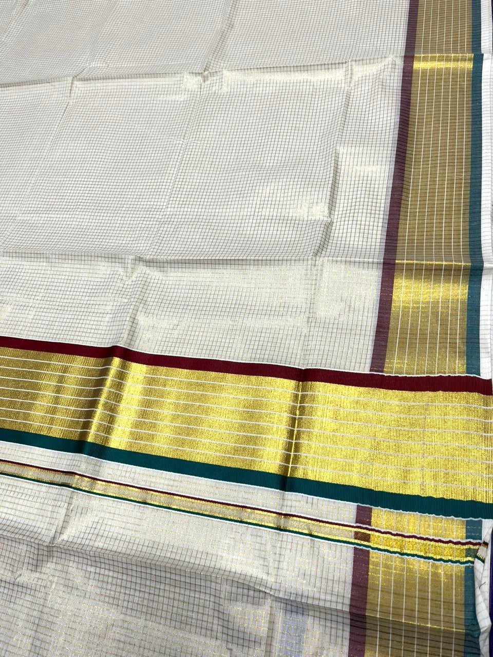 Southloom Kerala Cotton Kasavu Saree with Micro Check Design on Body in Peacock Green & Maroon Border SL451