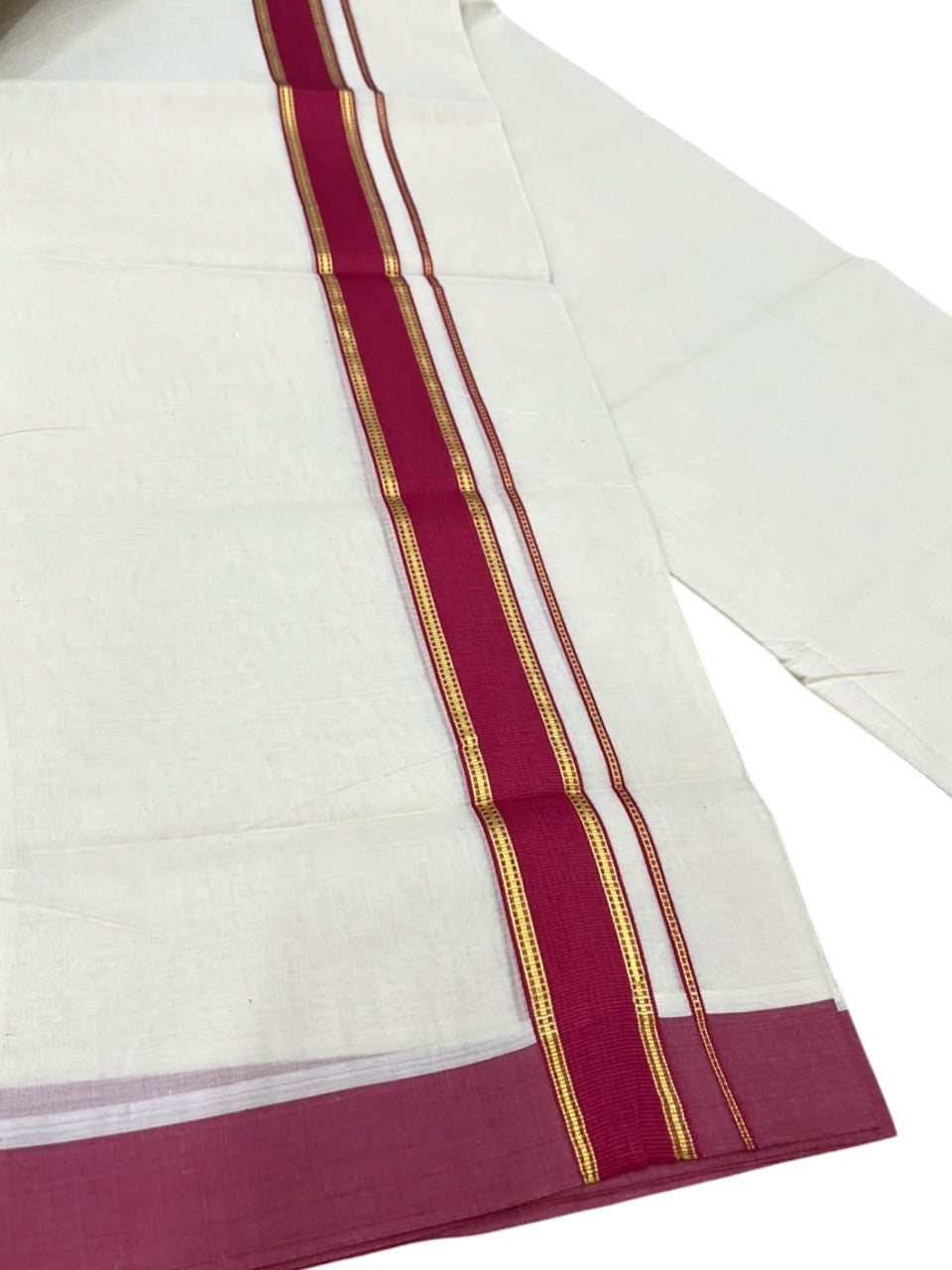 Southloom Pure Cotton Mundu with Siver Lines and Magenta Border (South Indian Kerala Dhoti)