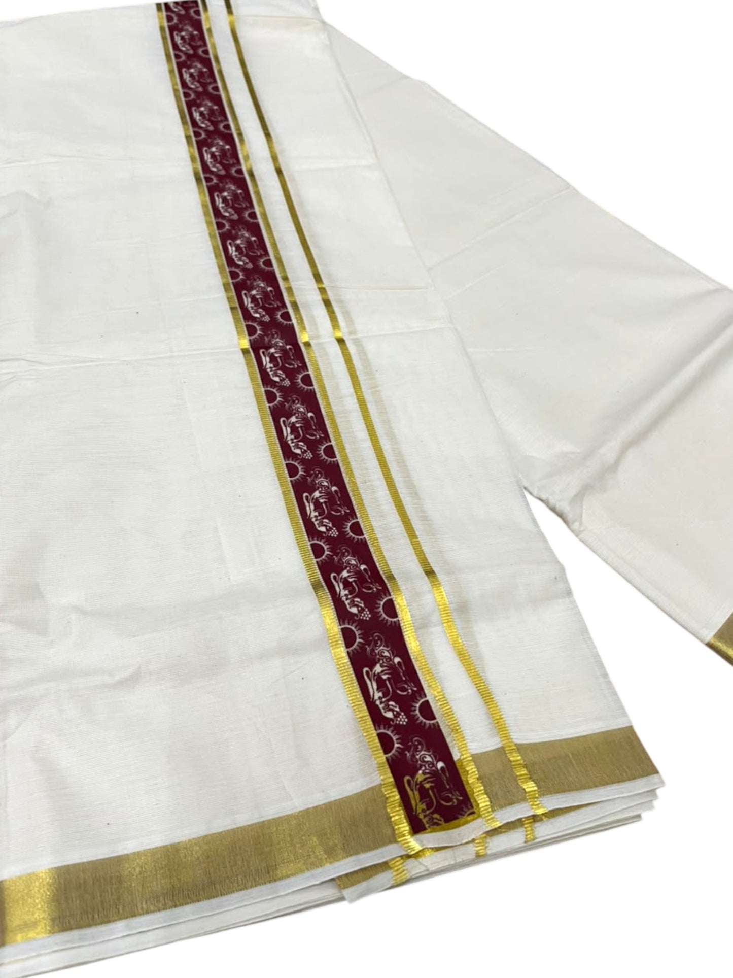 Southloom Pure Cotton Double Mundu with Maroon Block Printed And Ksavu Border (South Indian Kerala Dhoti)