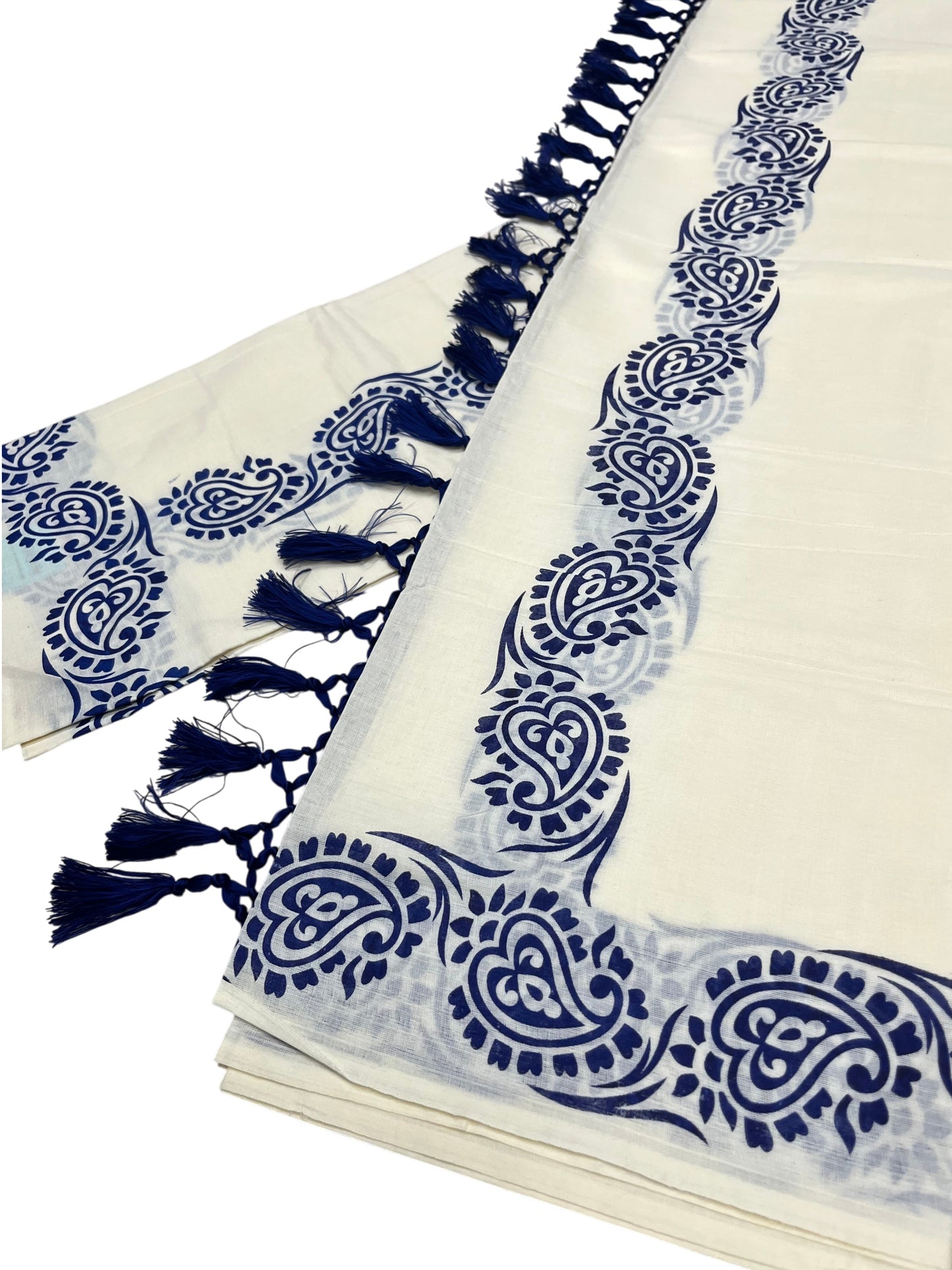 Southloom Cotton Single Set Mundu (Mundu Neriyathum) Blue Printed Border With Tussles in 2.80 Mtrs