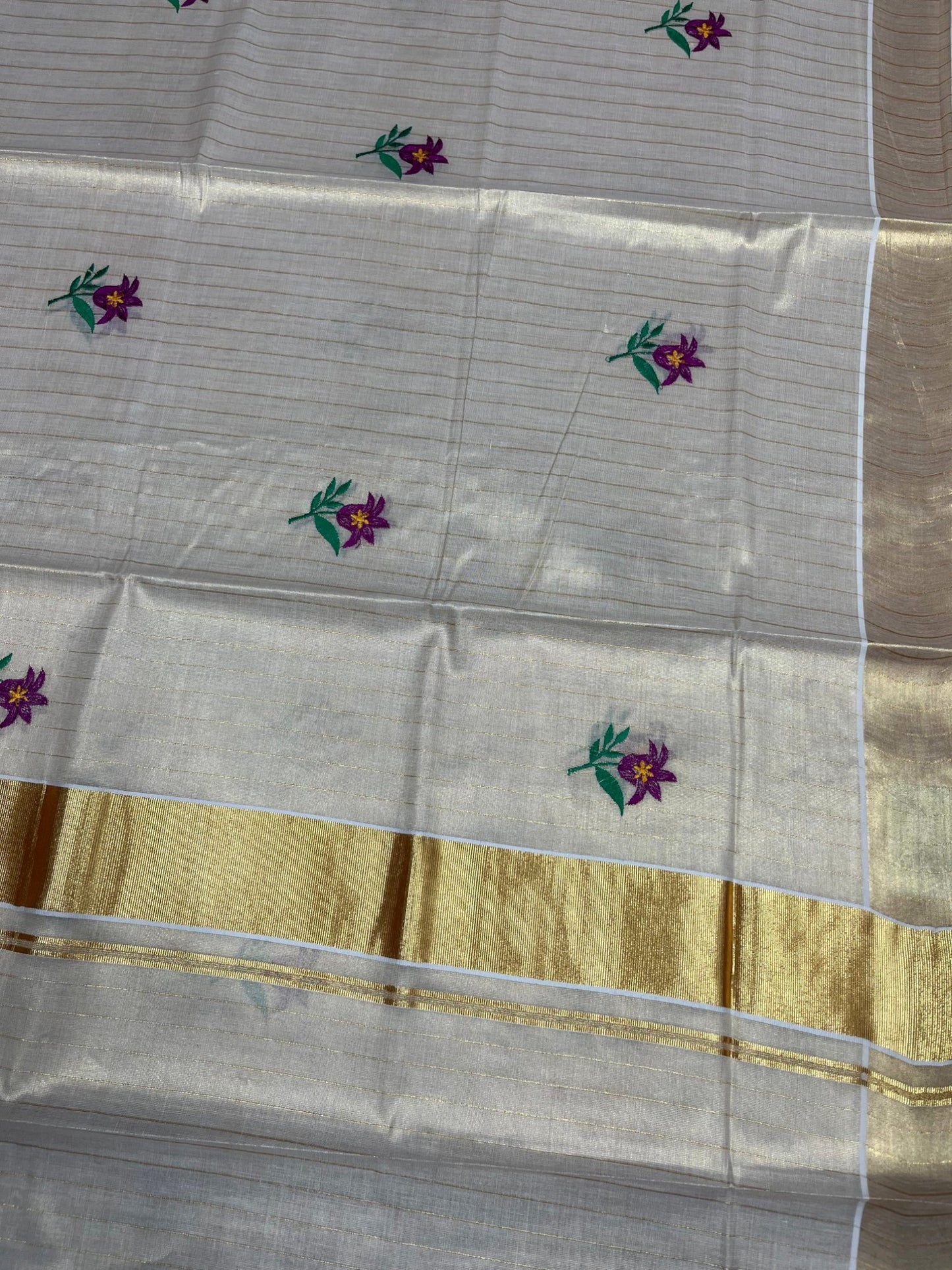 Southloom Kerala Tissue Kasavu Lines Saree with Floral Embroidery Work on Body