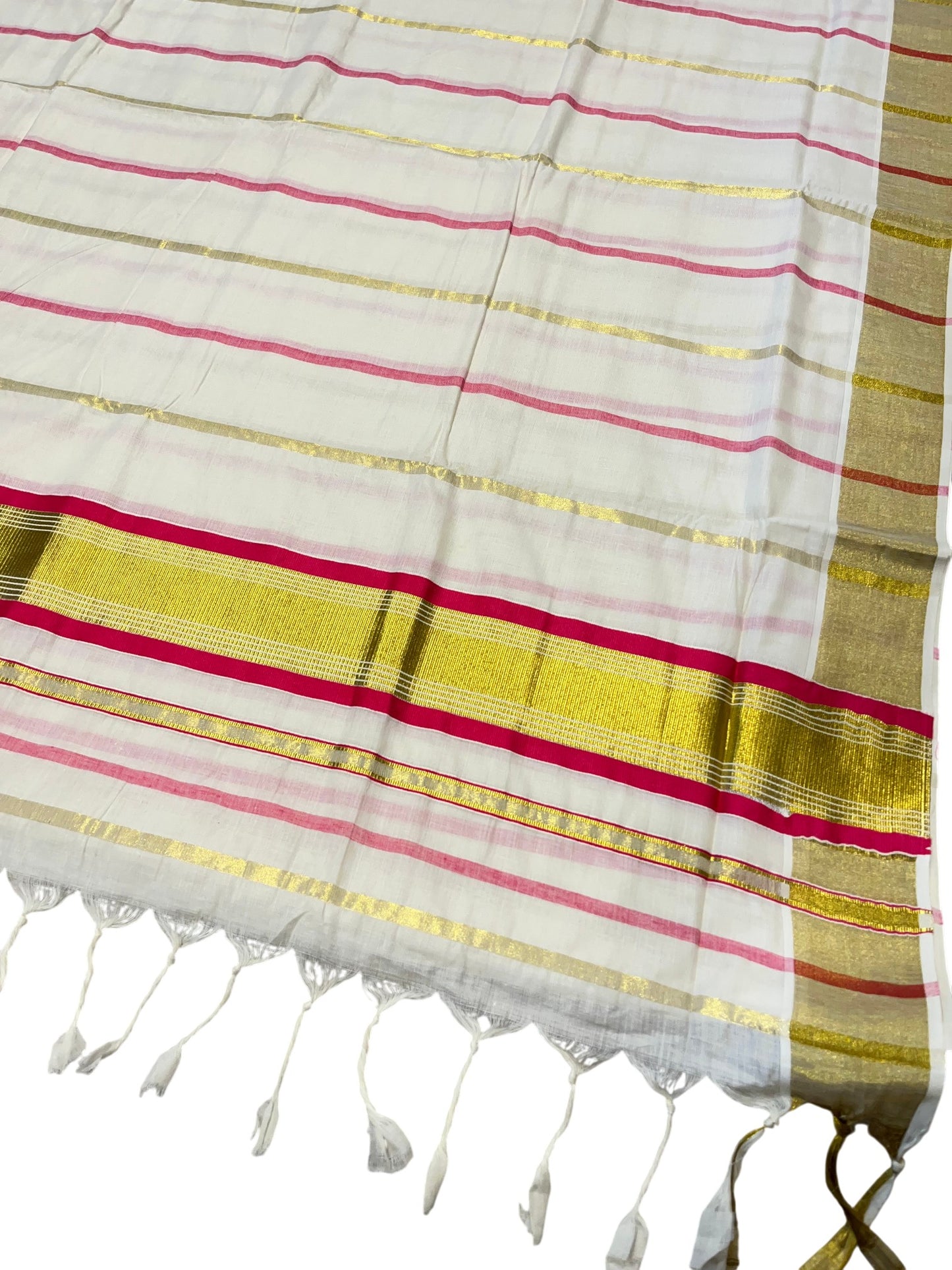Southloom Kerala Cotton Kasavu Saree with Gold And Pink Lines on Body