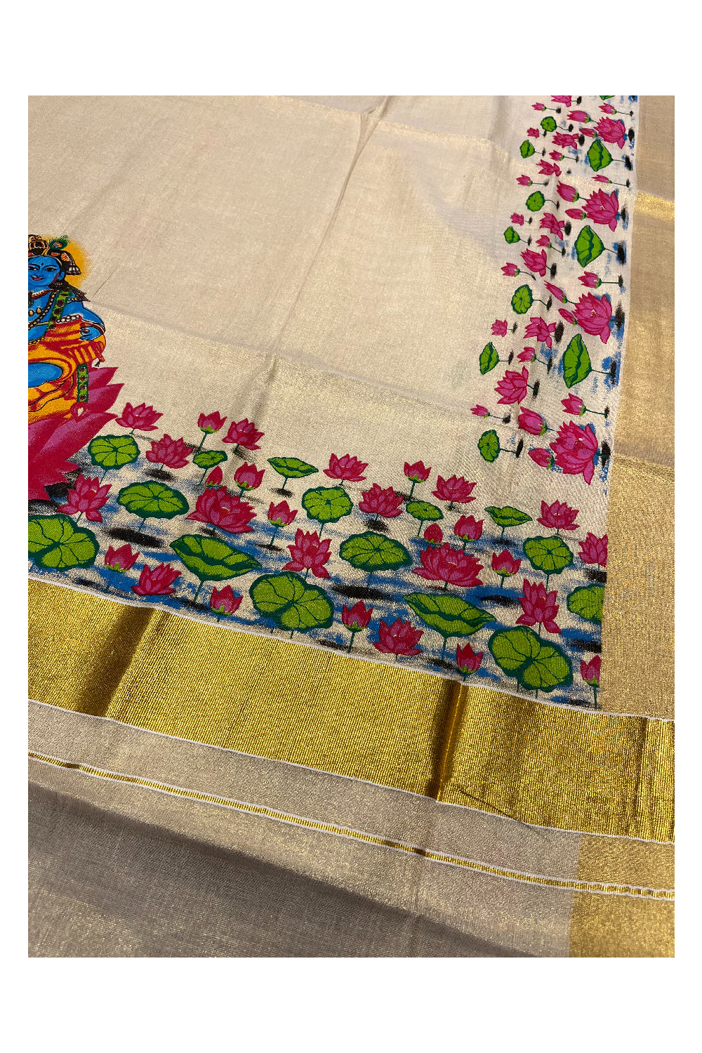 Southloom Tissue Kerala Kasavu Saree with Lotus Handpainted Design