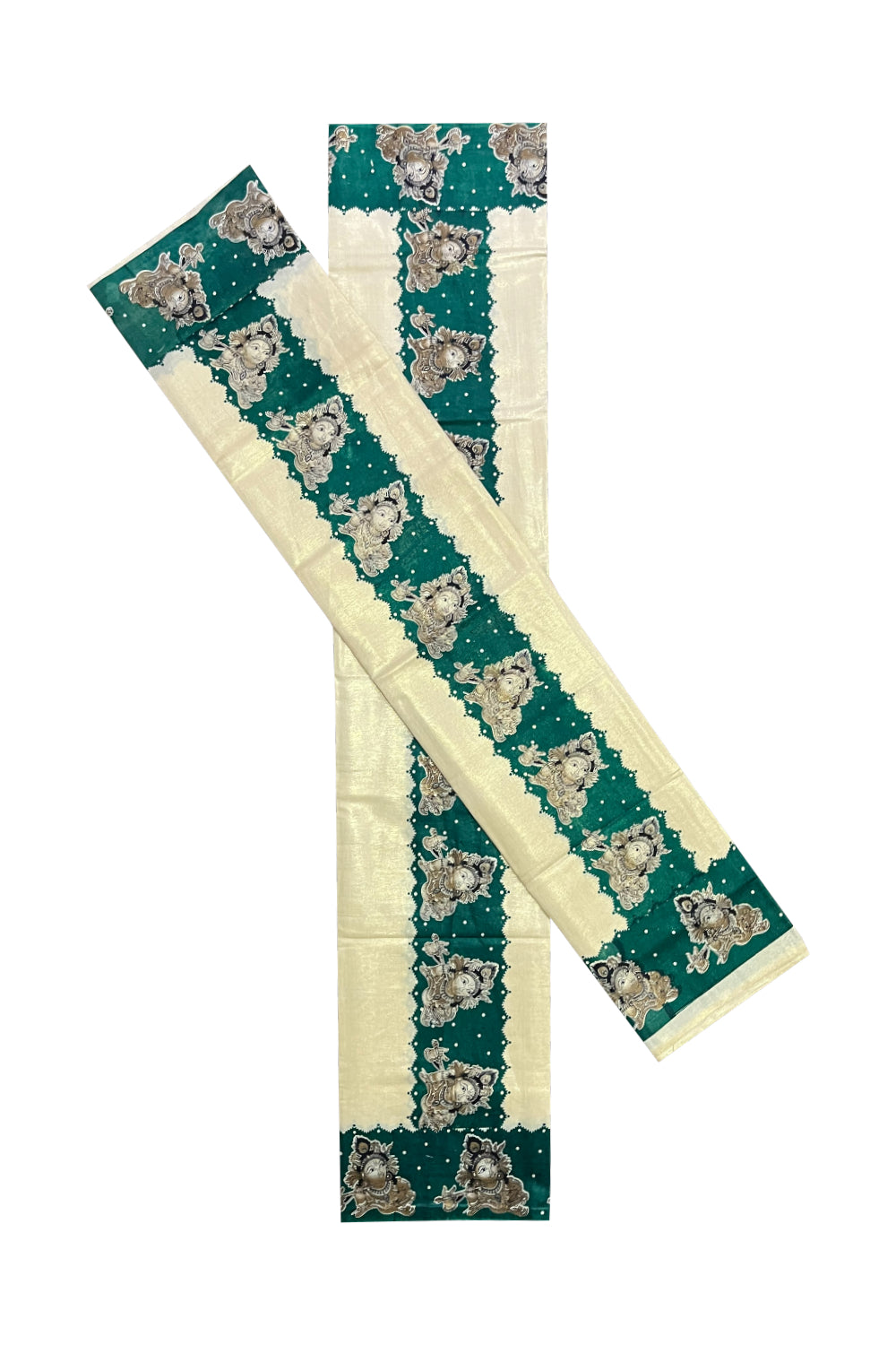 Kerala Tissue Kasavu Set Mundu (Mundum Neriyathum) with Krishna Mural Prints on Green Border (Onam Set Mundu 2023)