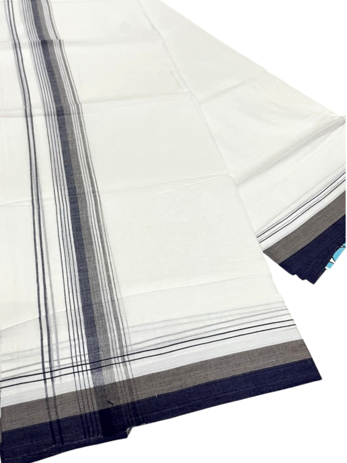 Southloom Pure Cotton Mundu with Blue & Grey Border (South Indian Kerala Dhoti)