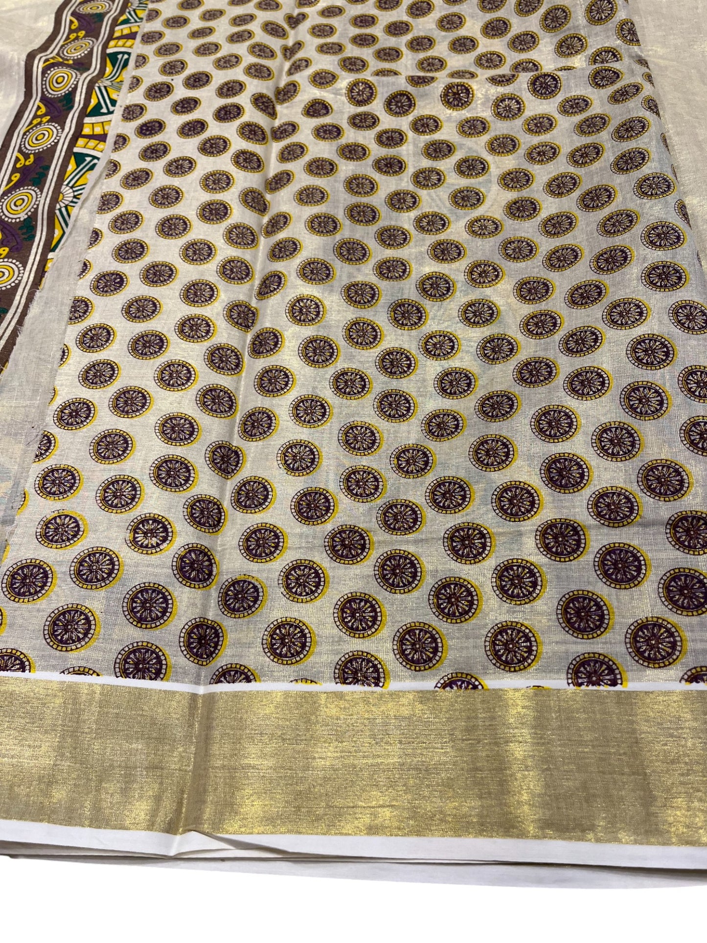 Southloom Kerala Tissue Kasavu Saree with Brown and Violet Hand Painted