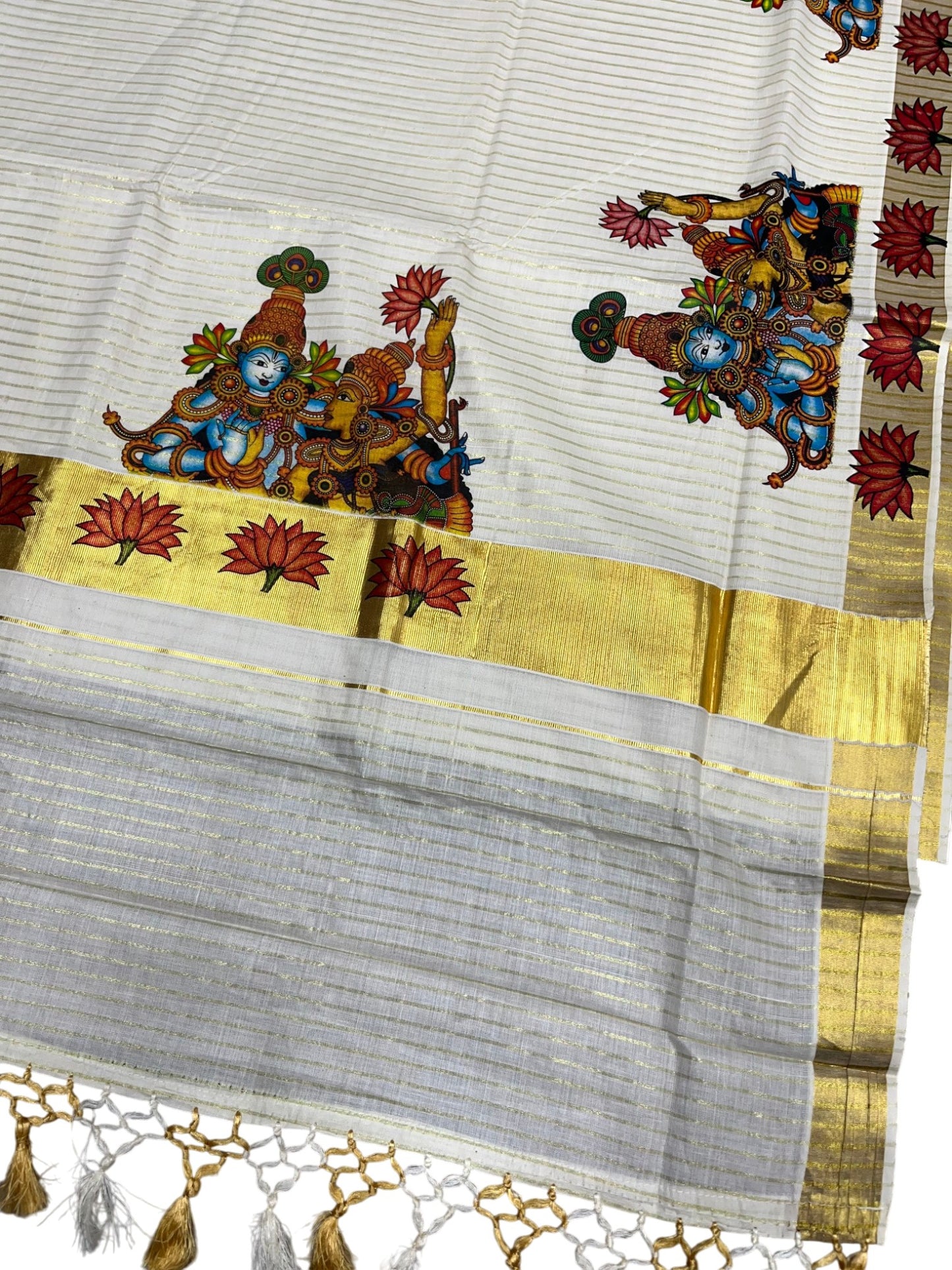 Southloom Pure Cotton Kerala Kasavu Lines Saree with Krishna Radha Mural Printed Art Design and Printed Border