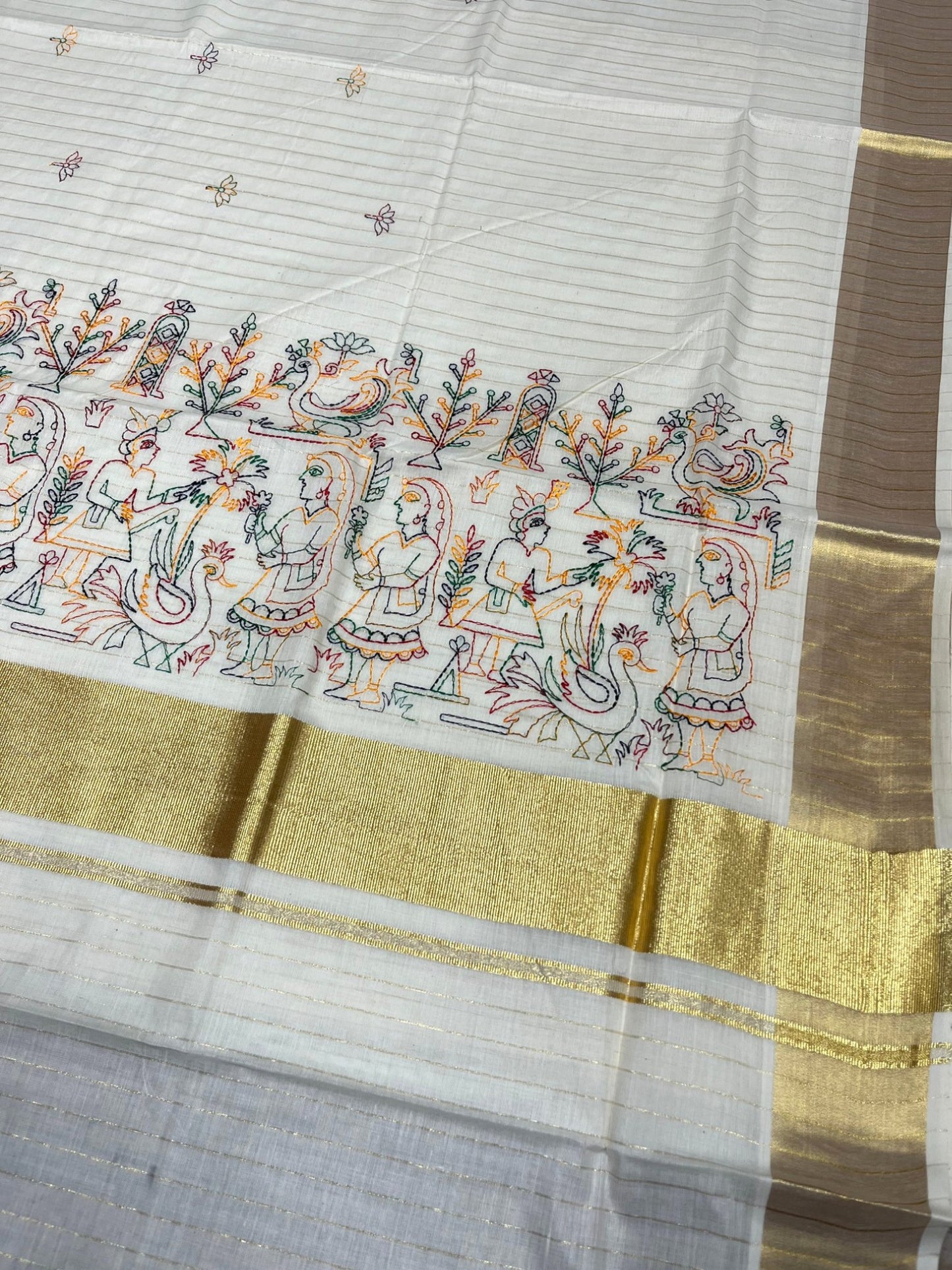 Southloom Cotton Kerala Kasavu Lines Saree with Kantha Embroidery Work on Body SL322