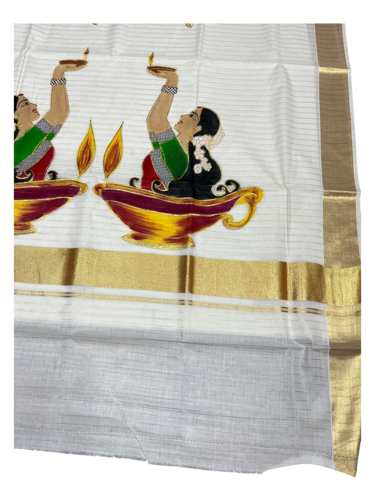 Southloom Kerala Cotton Kasavu Line Saree with Hand Painted & Embroidery Design
