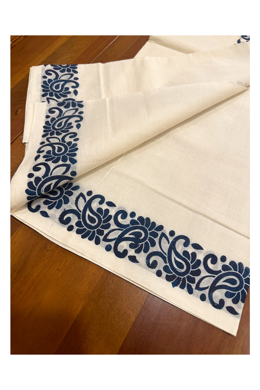 Kerala Cotton Set Mundu (Mundum Neriyathum) with Blue Block Printed Border (Onam Set Mundu 2023)