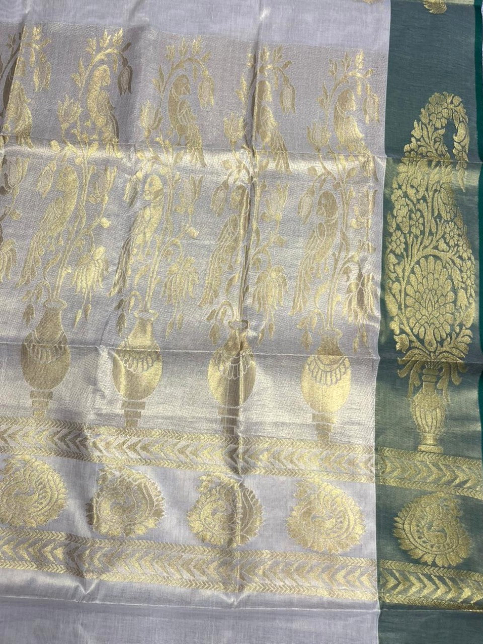 Southloom  Kerala Tissue Kasavu Heavy Work Saree with Peacock Design And Green Border SL483