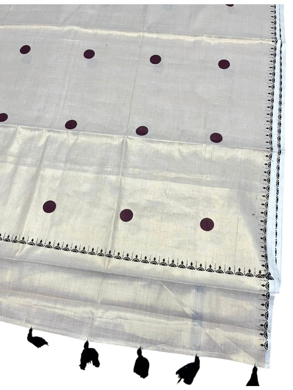 Southloom Kerala Tissue Kasavu Plain Saree with Brown Polka Dots On Body SL537