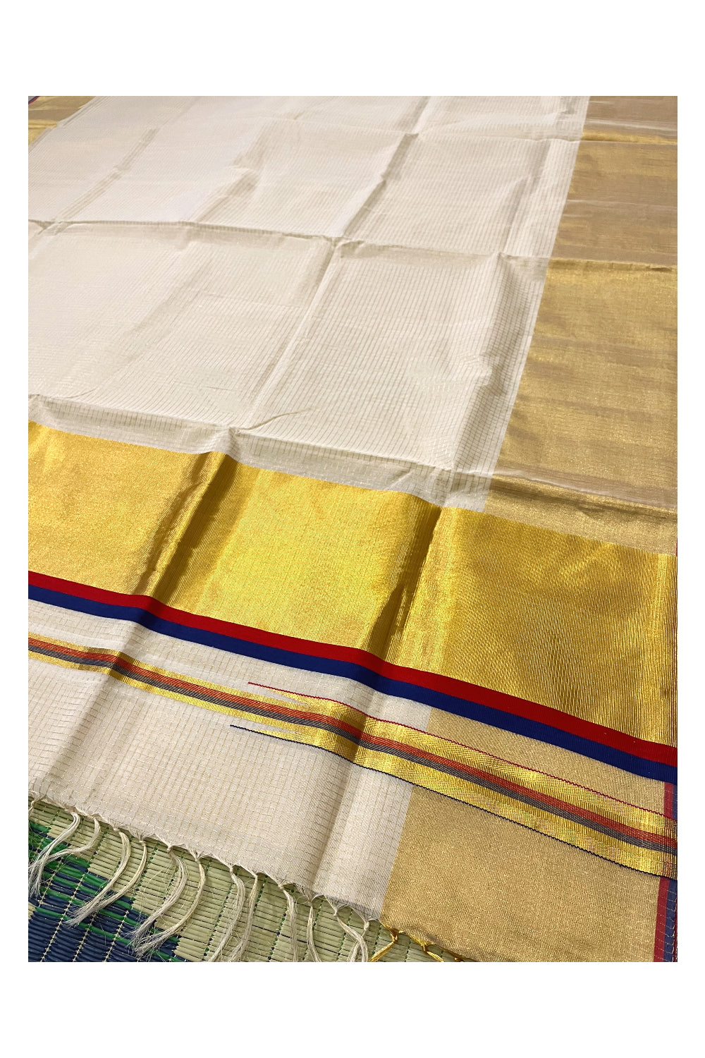 Southloom Handloom Premium Saree with Kasavu Micro Checks Across Body and Red Blue Border (Onam Saree 2023)