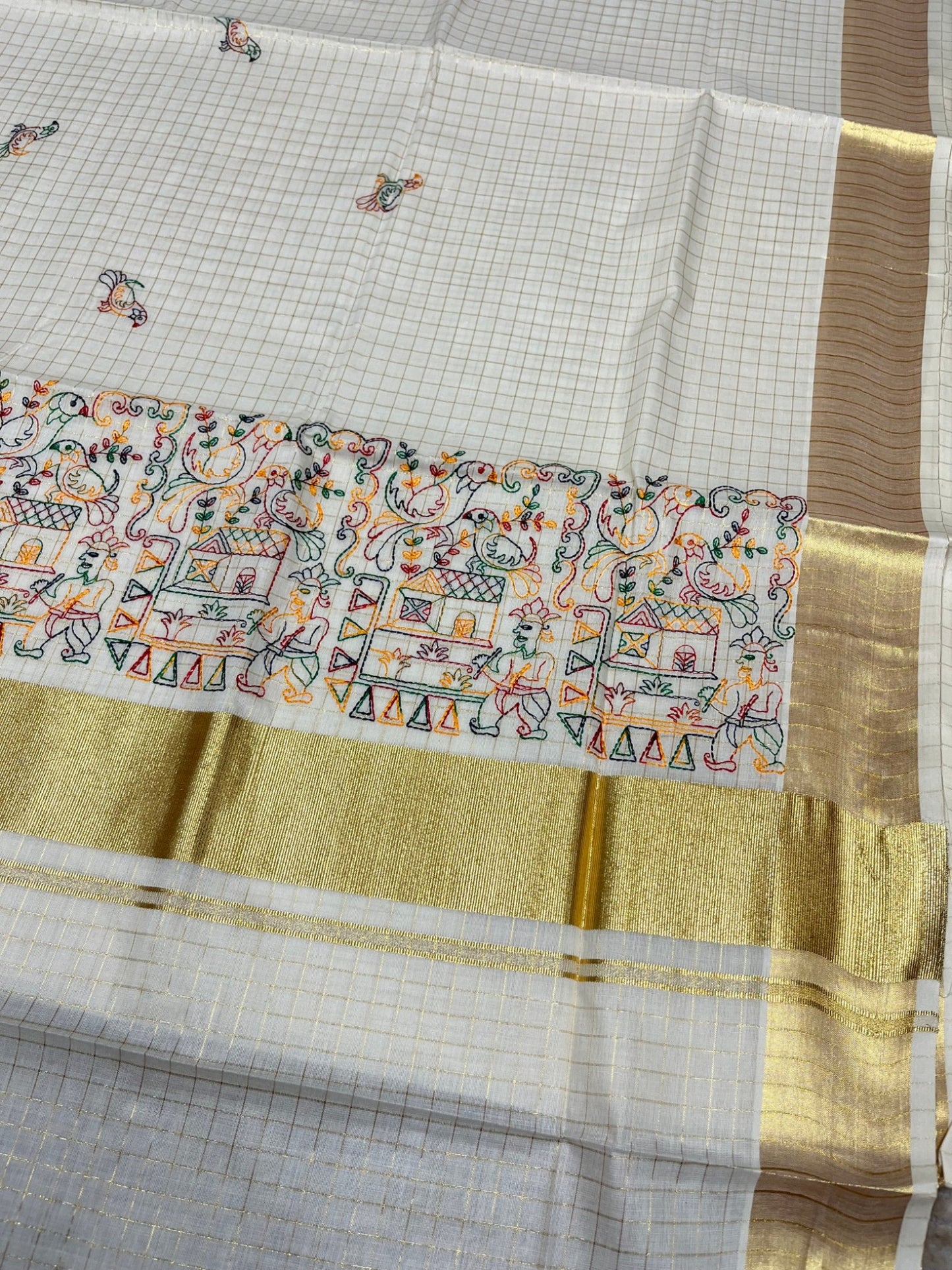Southloom Kerala Pure Cotton Check Saree with Parrot Embroidery Work on Body and Borders