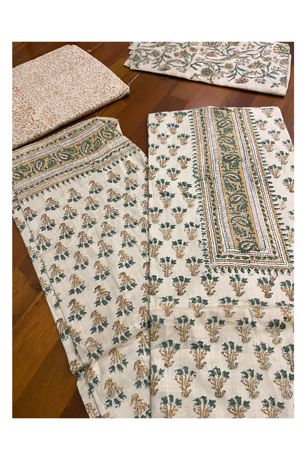 Southloom™ Cotton Light Brown Churidar Salwar Suit Material Green Block Prints on Body