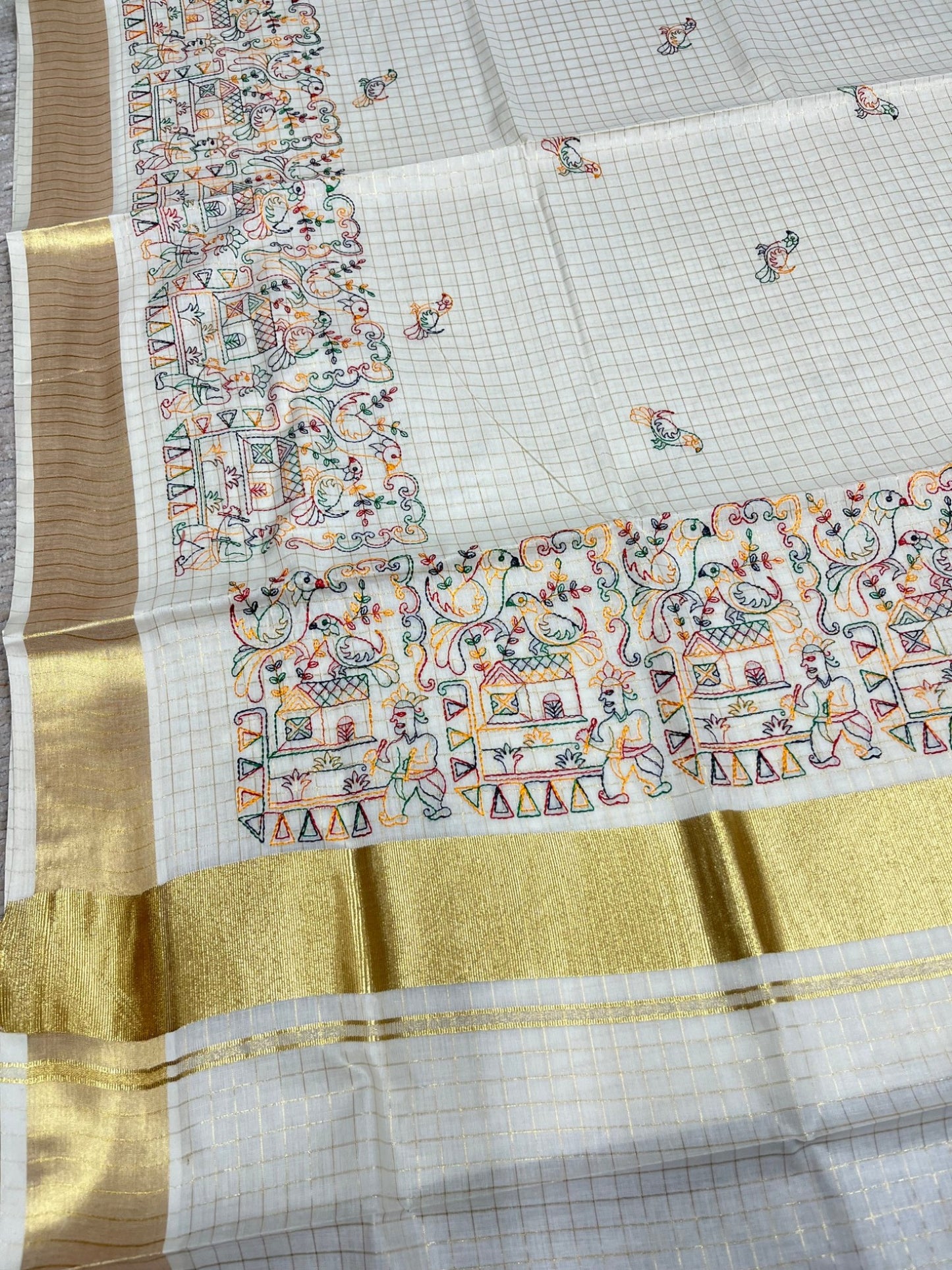 Southloom Kerala Pure Cotton Check Saree with Parrot Embroidery Work on Body and Borders