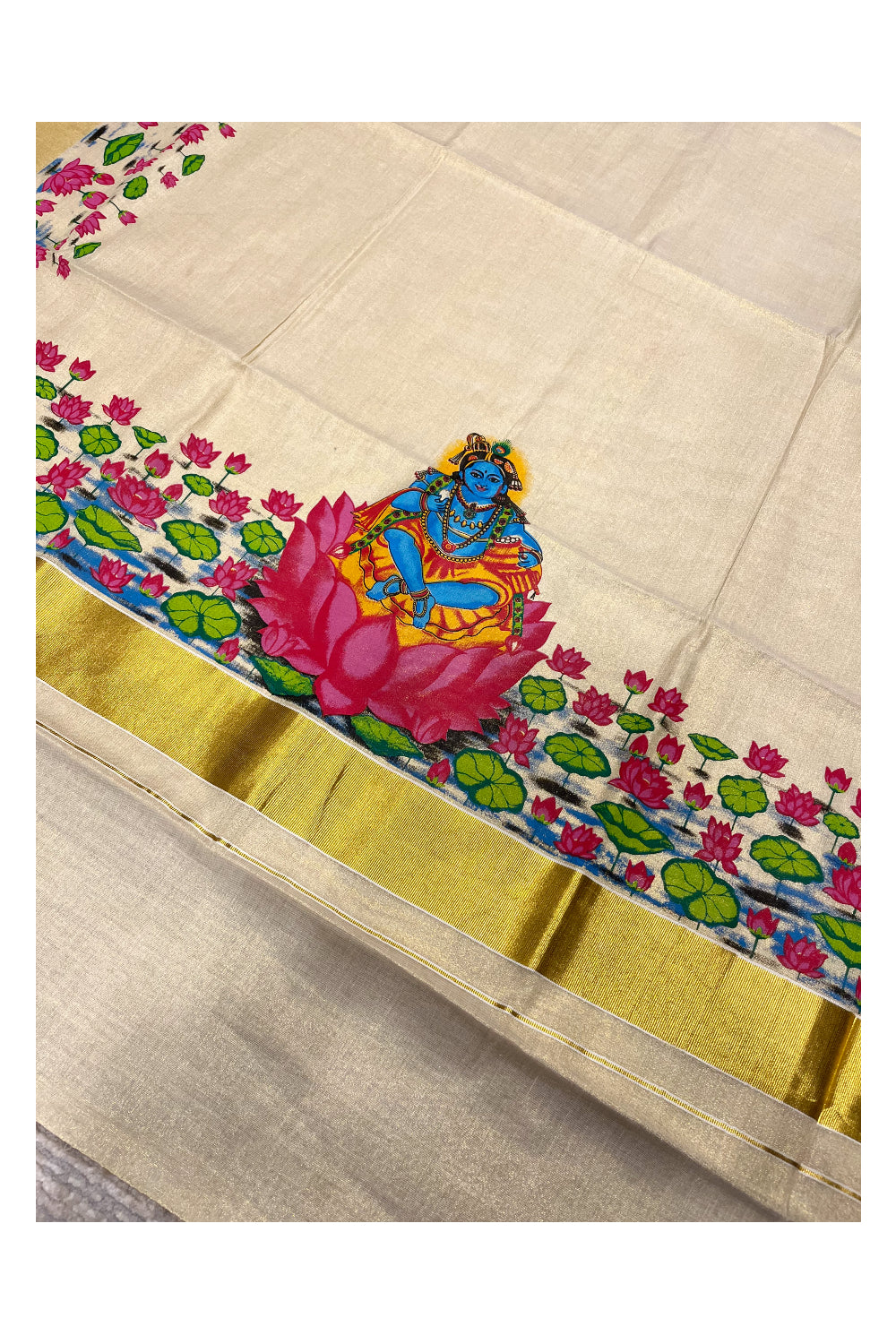 Southloom Tissue Kerala Kasavu Saree with Lotus Handpainted Design
