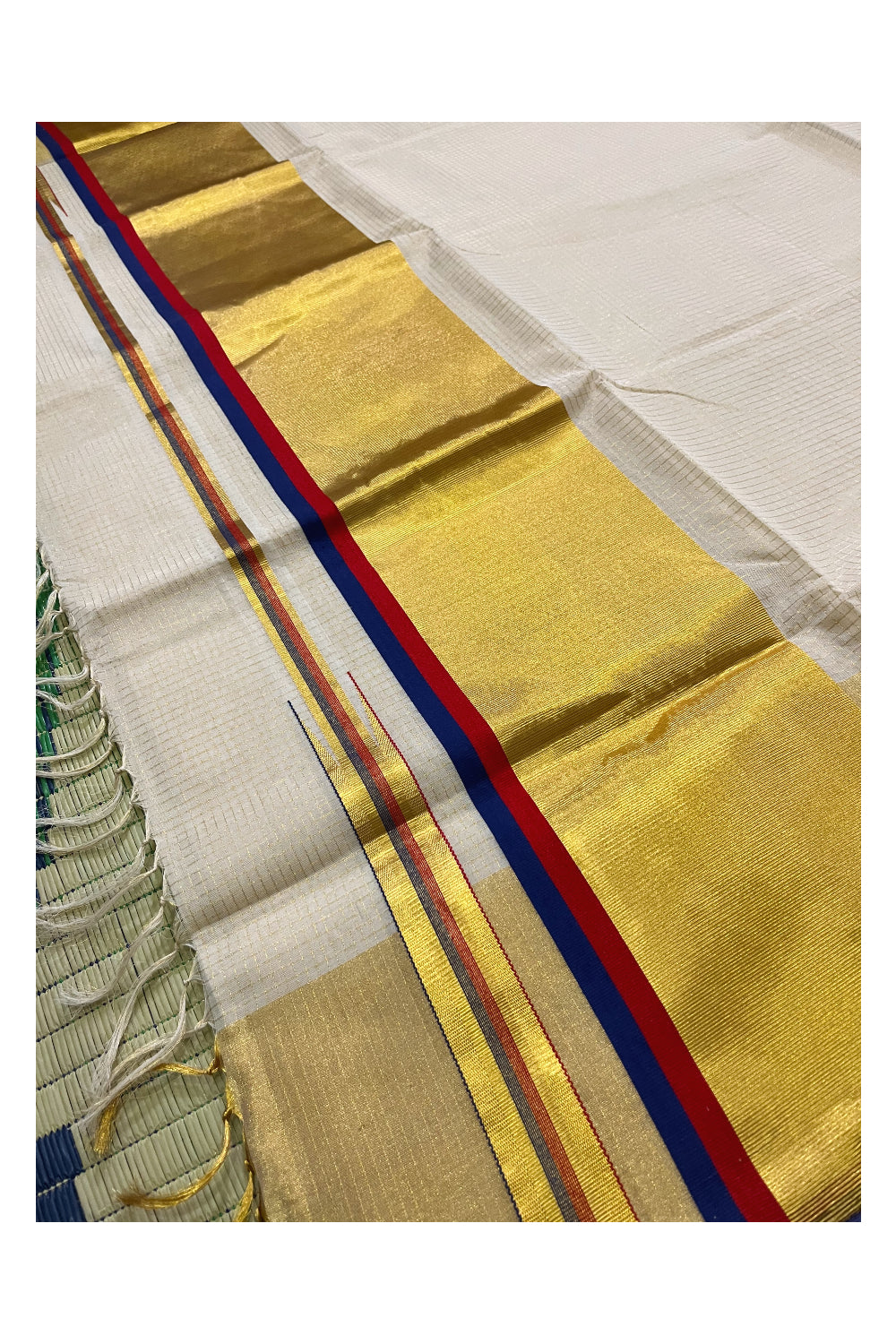 Southloom Handloom Premium Saree with Kasavu Micro Checks Across Body and Red Blue Border (Onam Saree 2023)