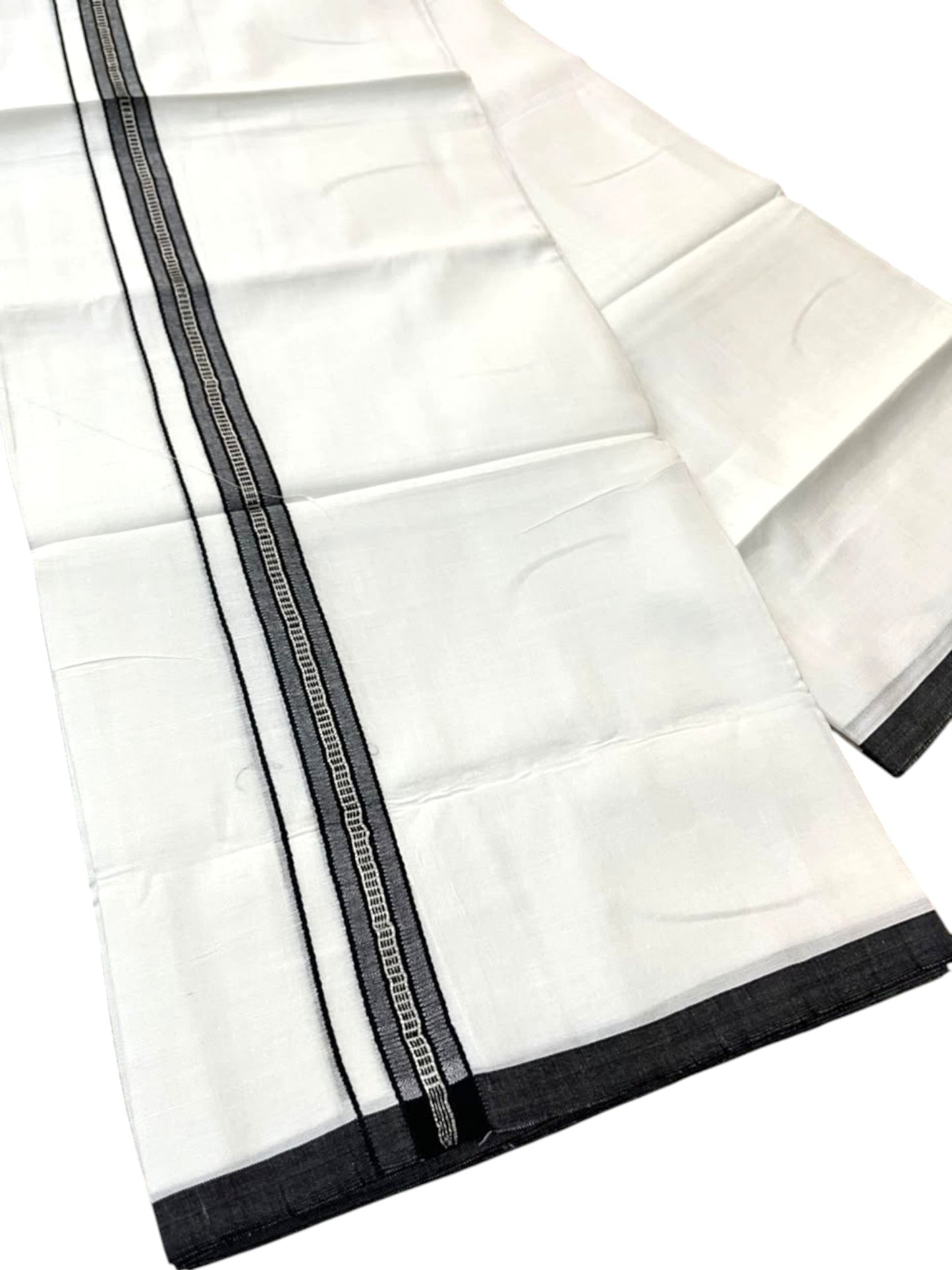 Southloom Pure White Cotton Mundu with Black & Silver Line Border (South Indian Kerala Dhoti)