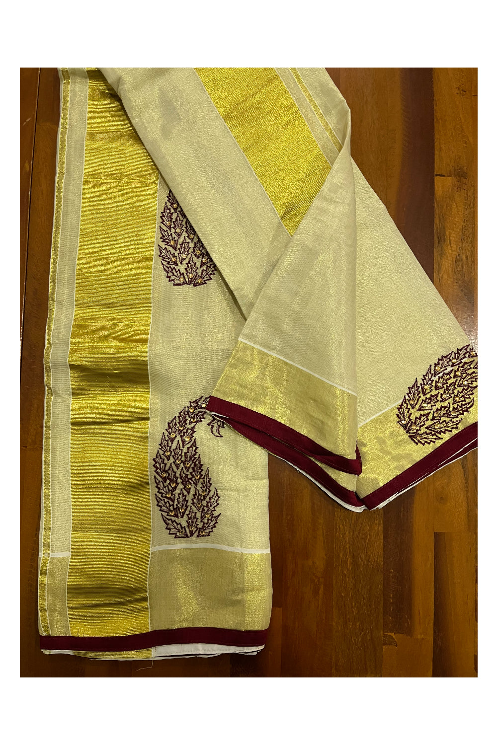 Kerala Tissue Kasavu Set Mundu (Mundum Neriyathum) with Handwork Embroidery Design and Maroon Blouse Piece