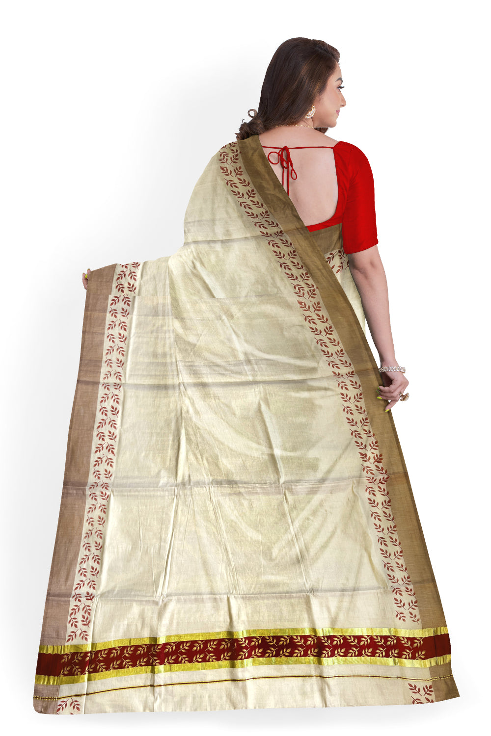 Kerala Tissue Kasavu Saree with Golden and Maroon Block Prints on Border and Tassels Works