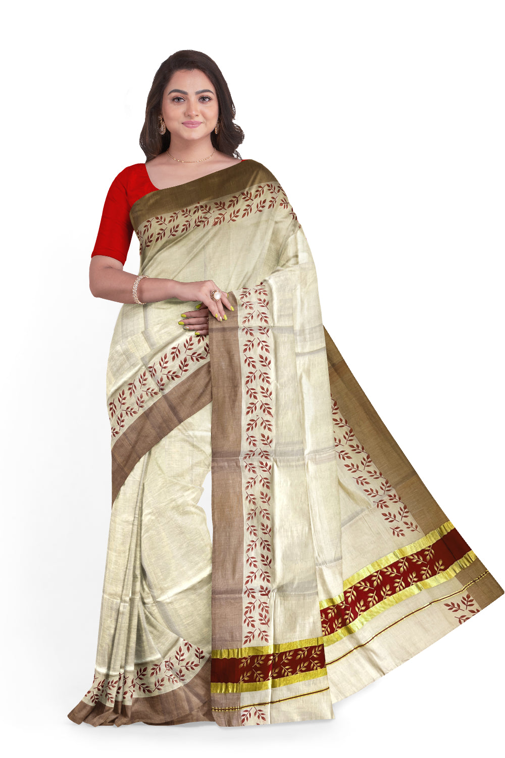 Kerala Tissue Kasavu Saree with Golden and Maroon Block Prints on Border and Tassels Works