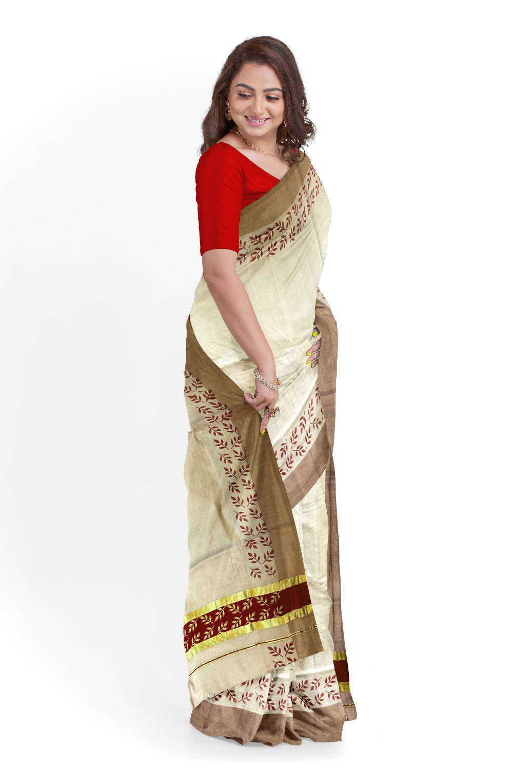 Kerala Tissue Kasavu Saree with Golden and Maroon Block Prints on Border and Tassels Works