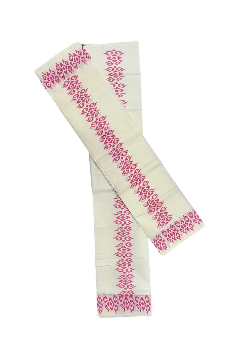 Pure Cotton Kerala Set Mundu with Pink Block Printed Border (Vishu 2024 Collection)