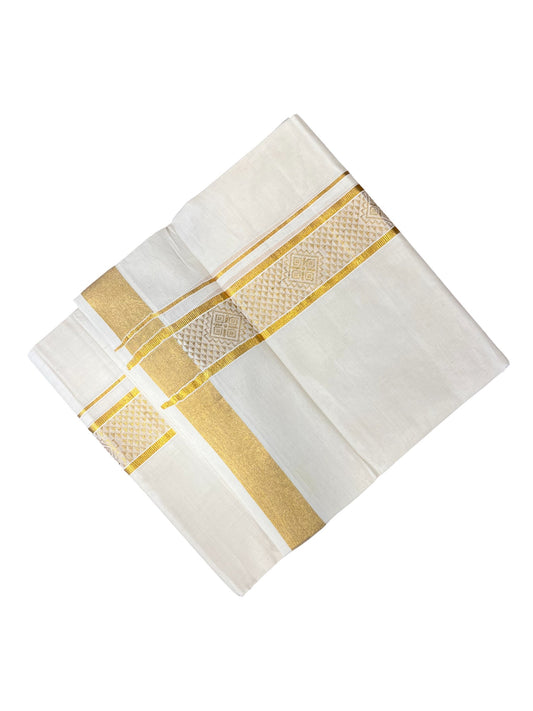 Southloom Kerala Pure Cotton Double Mundu with Gold Kasavu Border with Gold Woven Work (South Indian Dhoti)