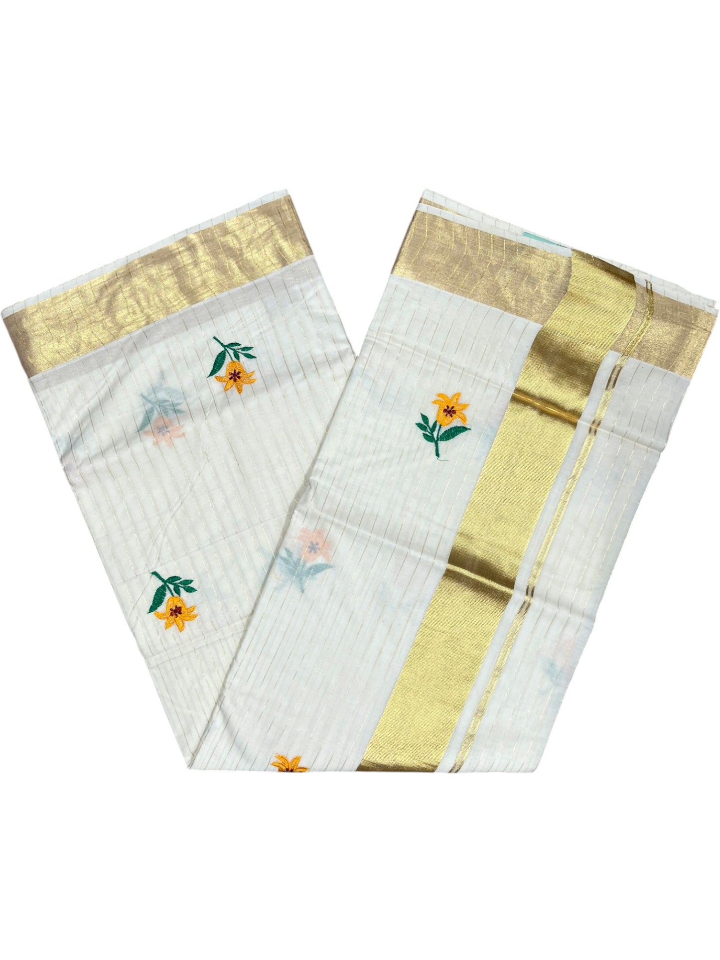 Southloom Kerala Cotton Kasavu Line Saree with Yellow Floral Embroidery Works