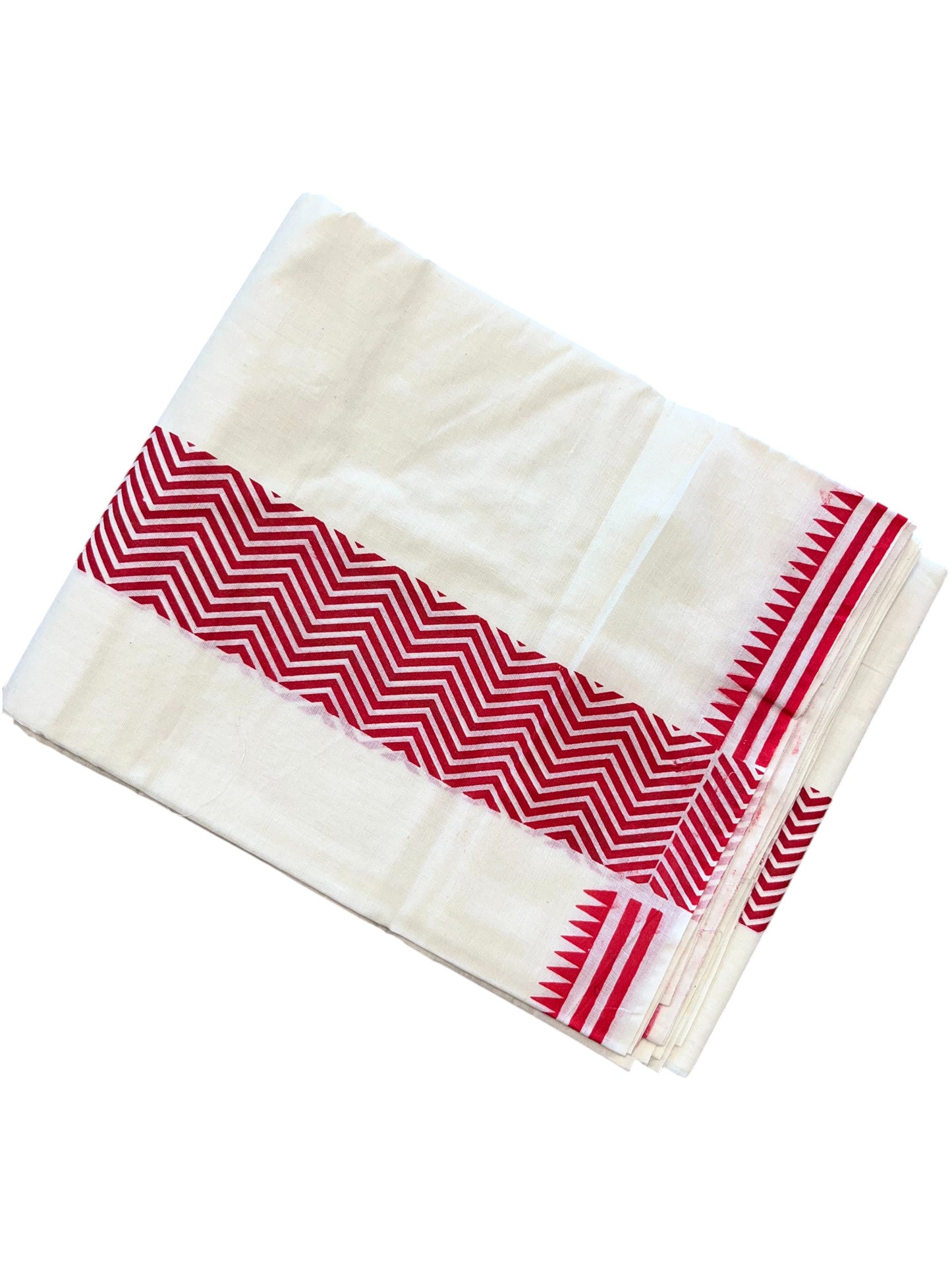 Southloom Pure Cotton Double Mundu with Block Prints on Red Kara (South Indian Kerala Dhoti)