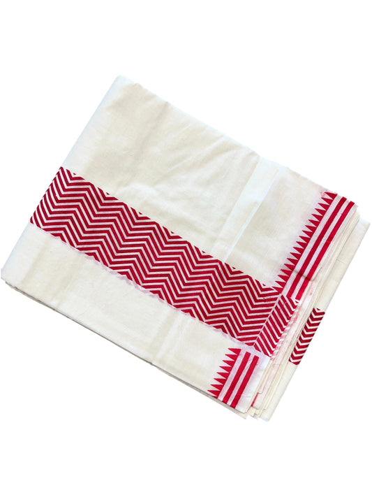 Southloom Pure Cotton Double Mundu with Block Prints on Red Kara (South Indian Kerala Dhoti)