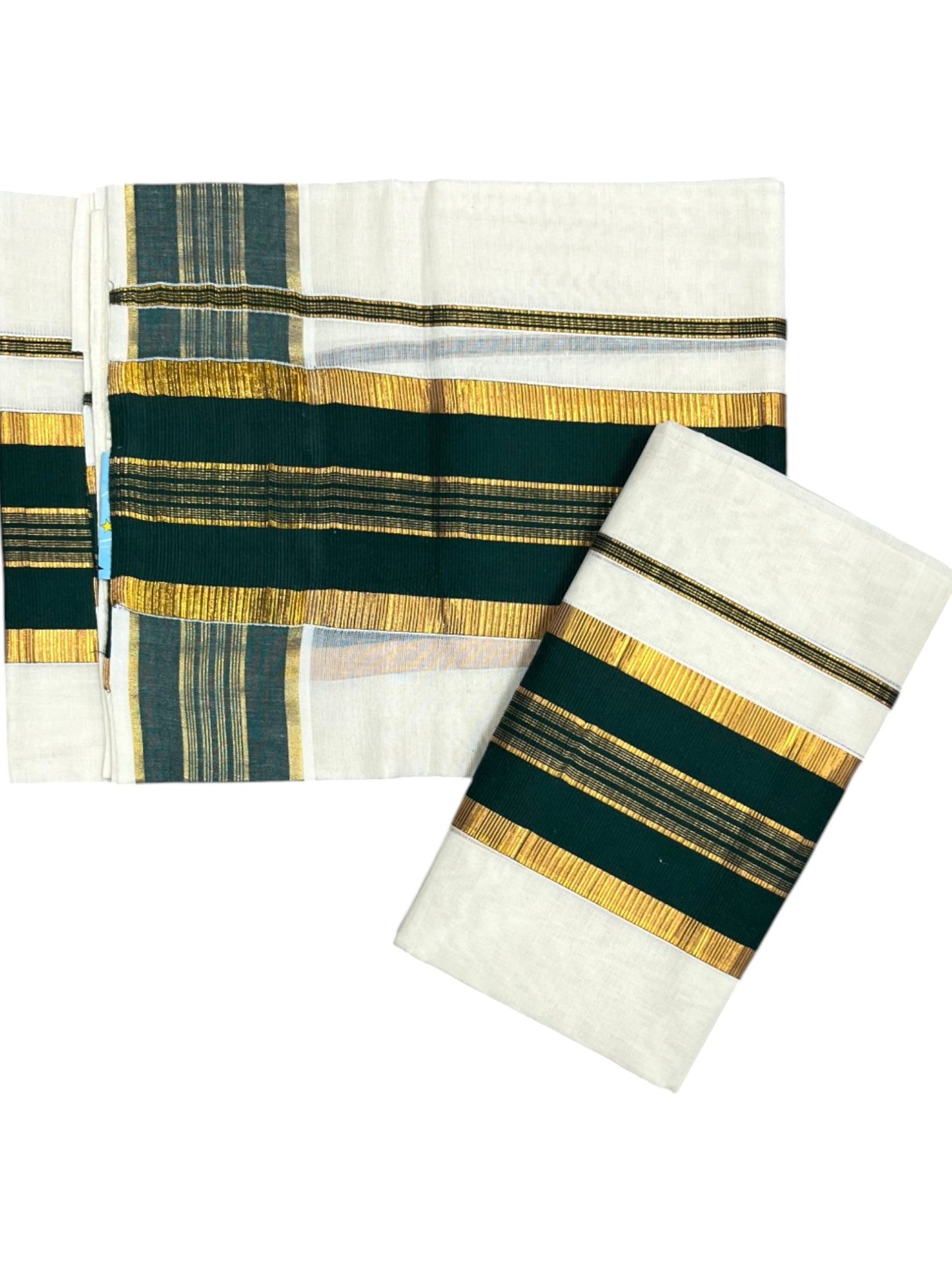 Kerala Cotton Set Mundu (Mundum Neriyathum) with Kasavu and Green Border in 2.80 Mtrs SLKK SL470